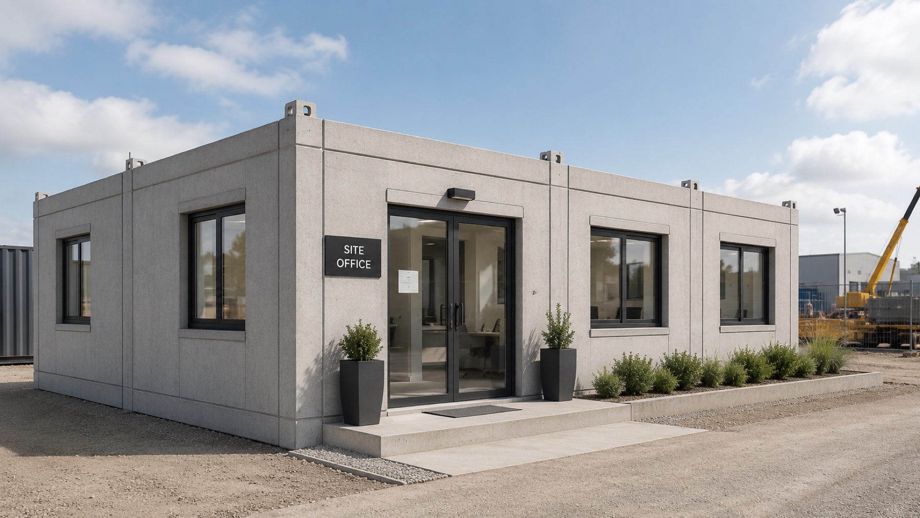 Precast site office with lifting points cast into the roof slab.