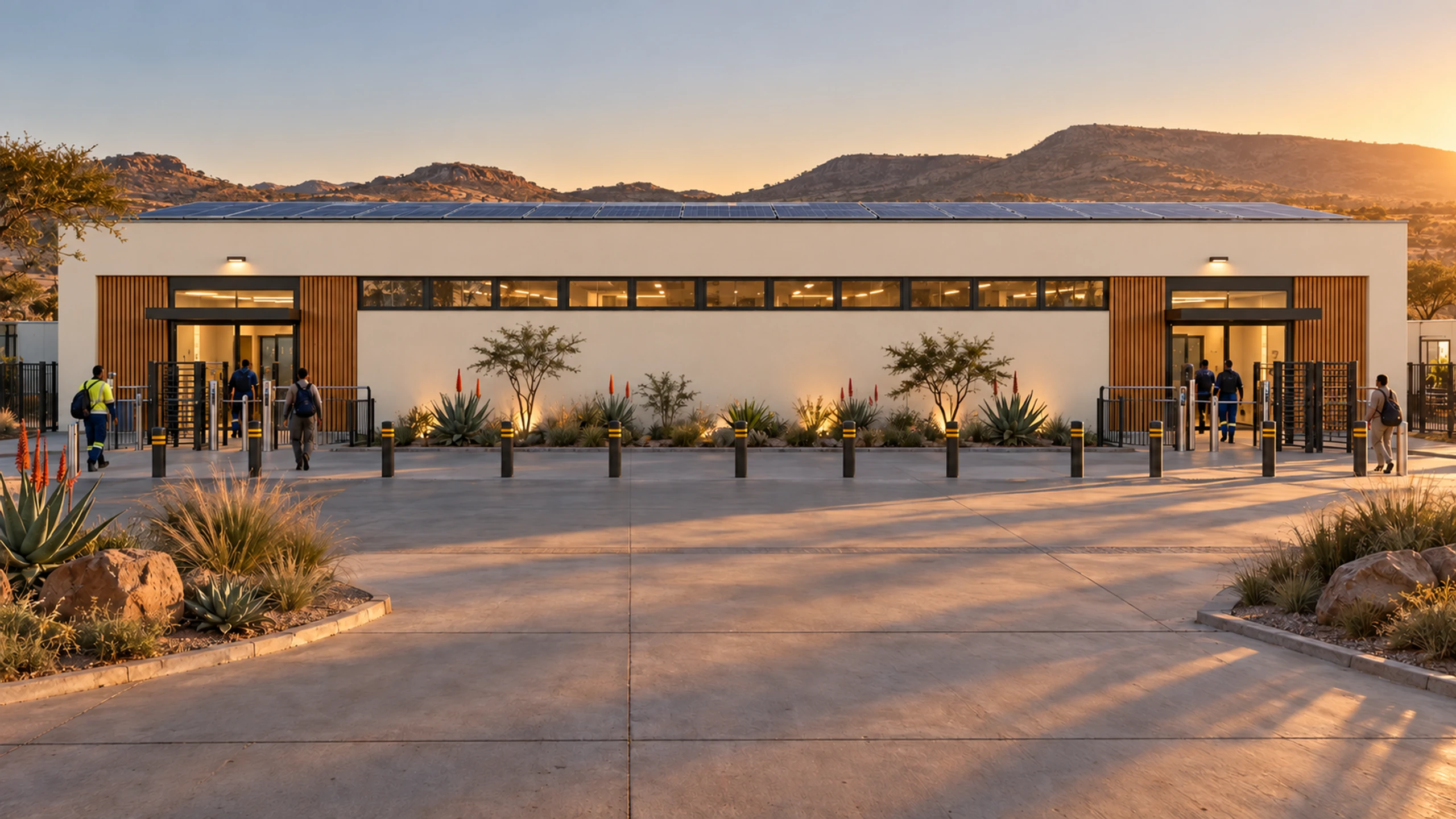 Single-storey precast change house with two entrances and a turnstile line at golden hour.
