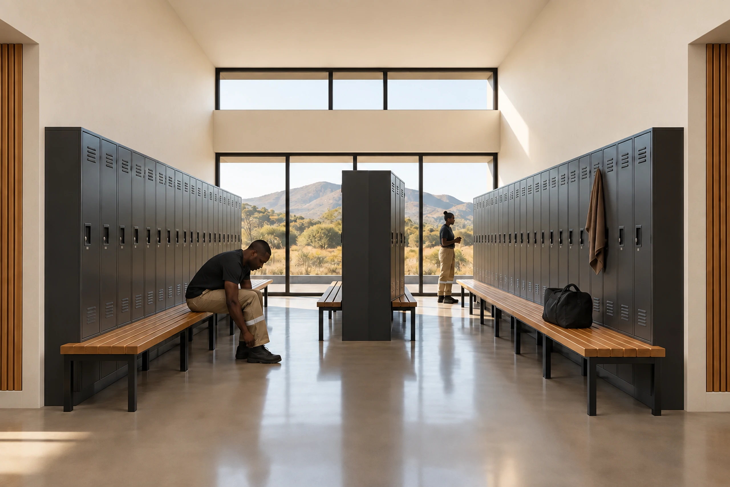 Locker room with steel lockers and timber benches.