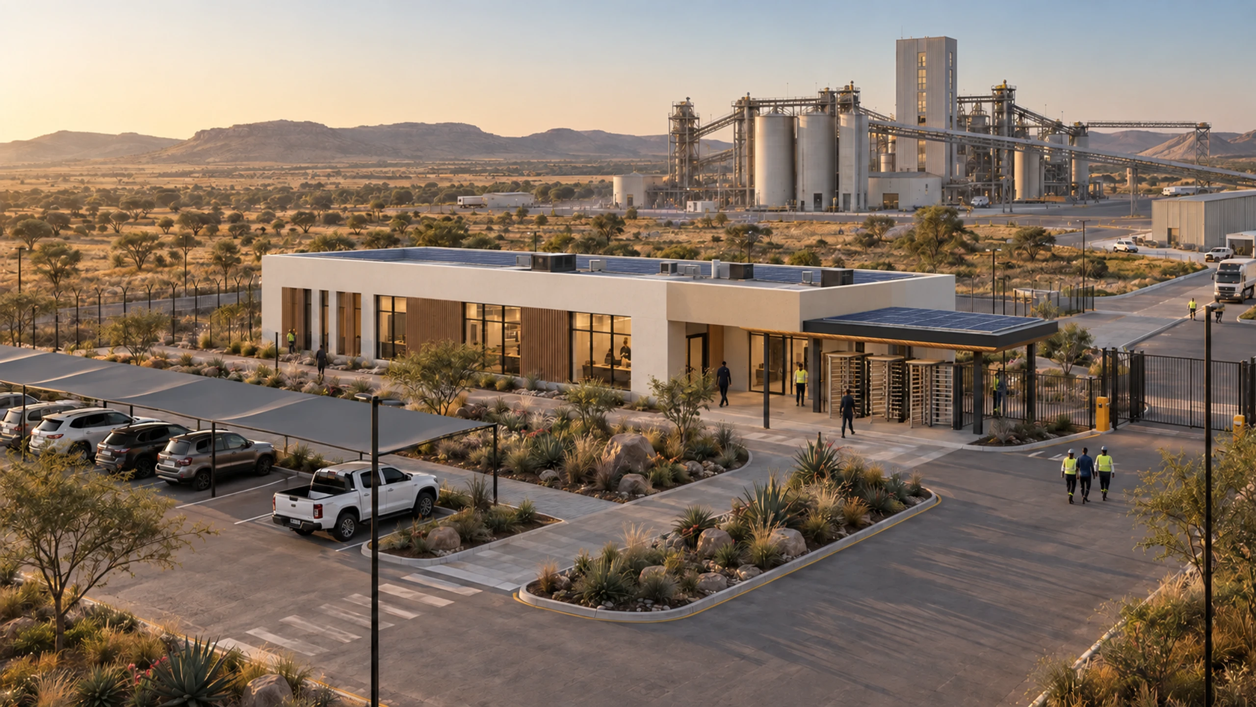 Aerial view of a precast change house at a plant entry, with turnstiles, shaded parking and a processing plant beyond.