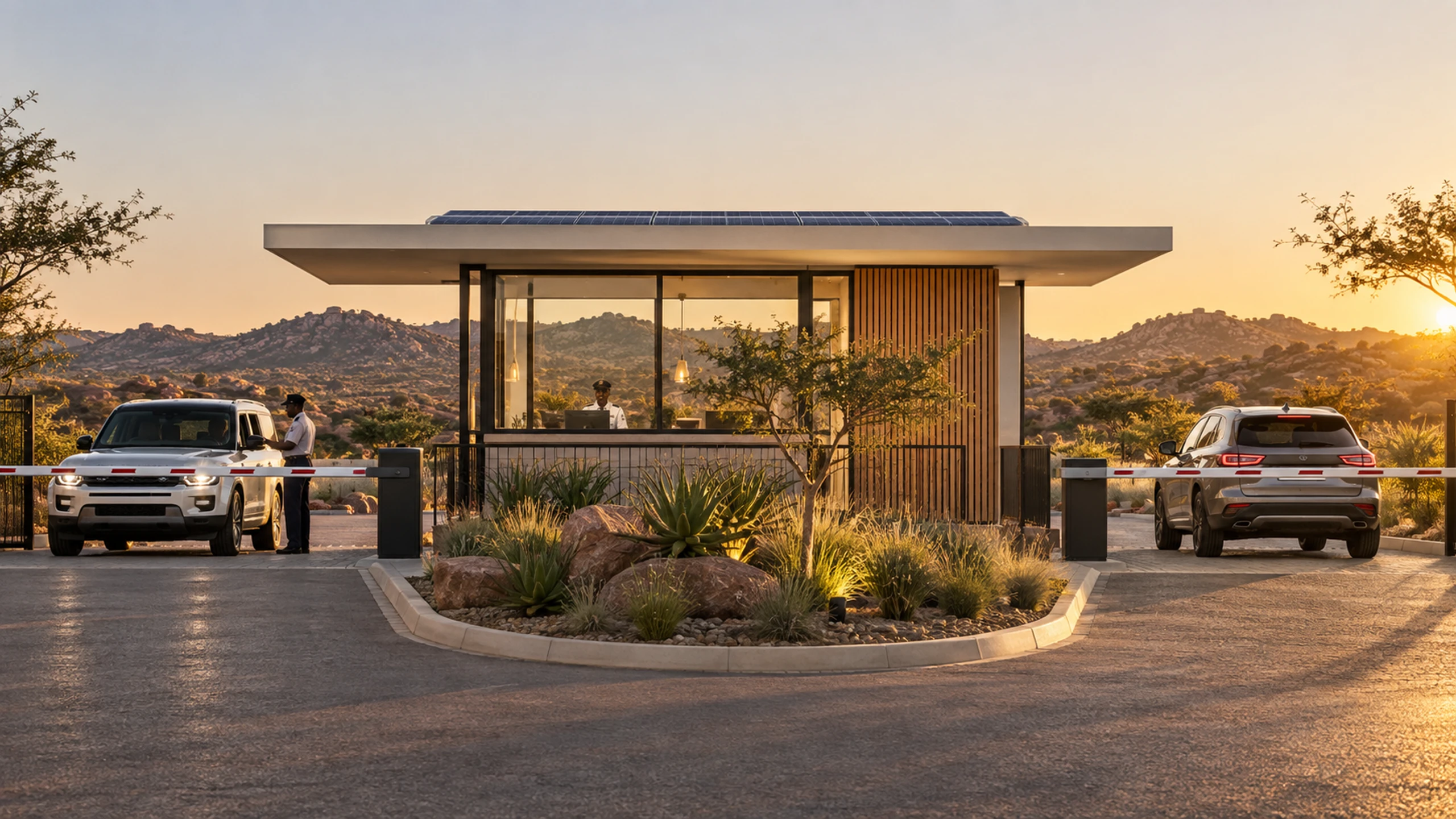 Single-module precast guardhouse with wrap-around glazing between two boom gates at golden hour.