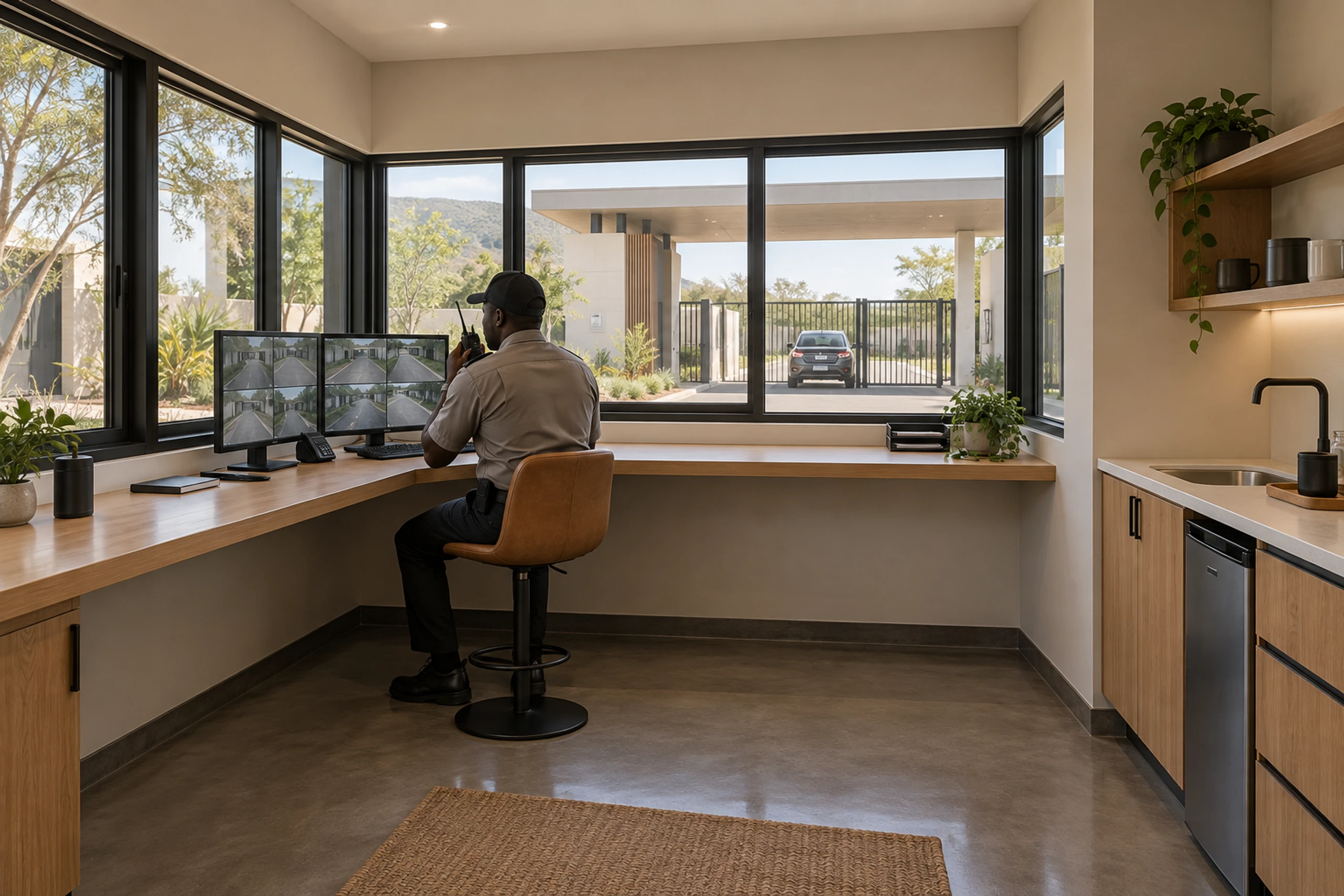 Guard at a monitoring desk looking out over the boom gate through wrap-around glazing.