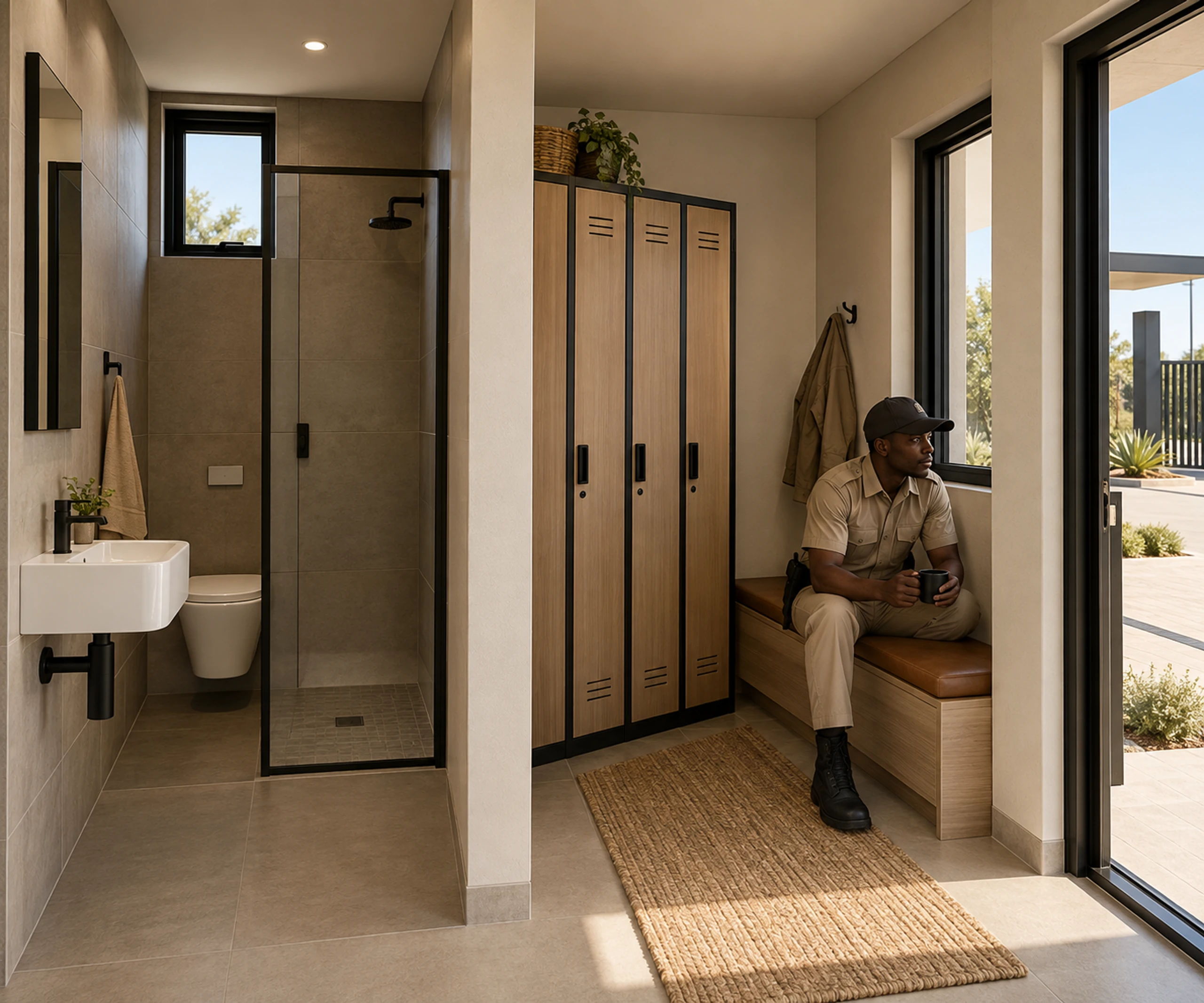 Staff ablution with shower, lockers and a rest bench.
