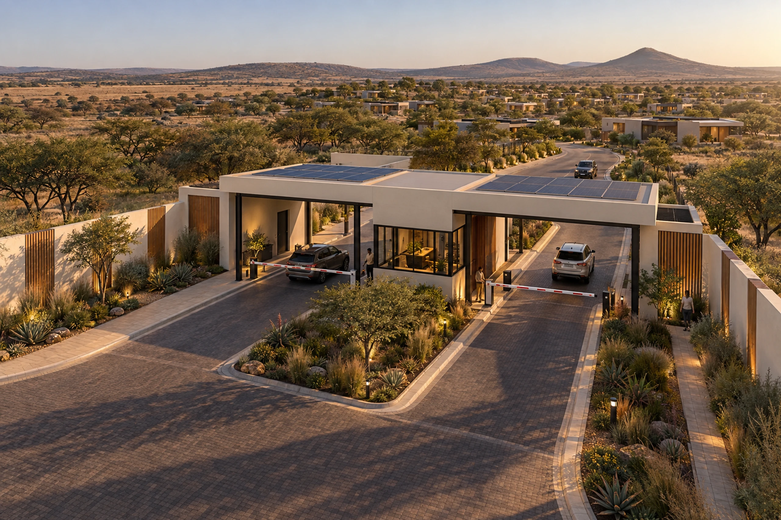 Aerial view of an estate gatehouse with a canopy over the entry and exit lanes, boom gates and perimeter walls.