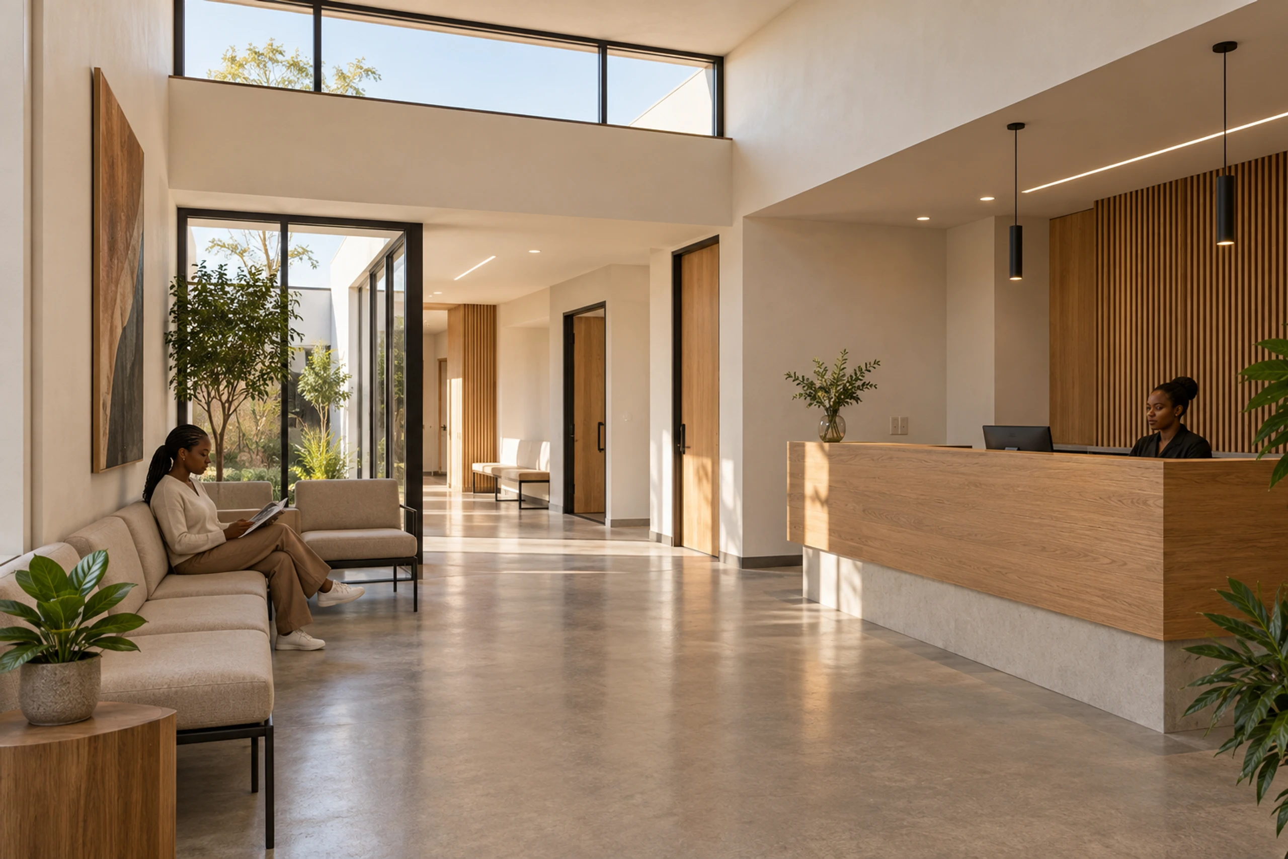 Reception and waiting area with clerestory daylight.