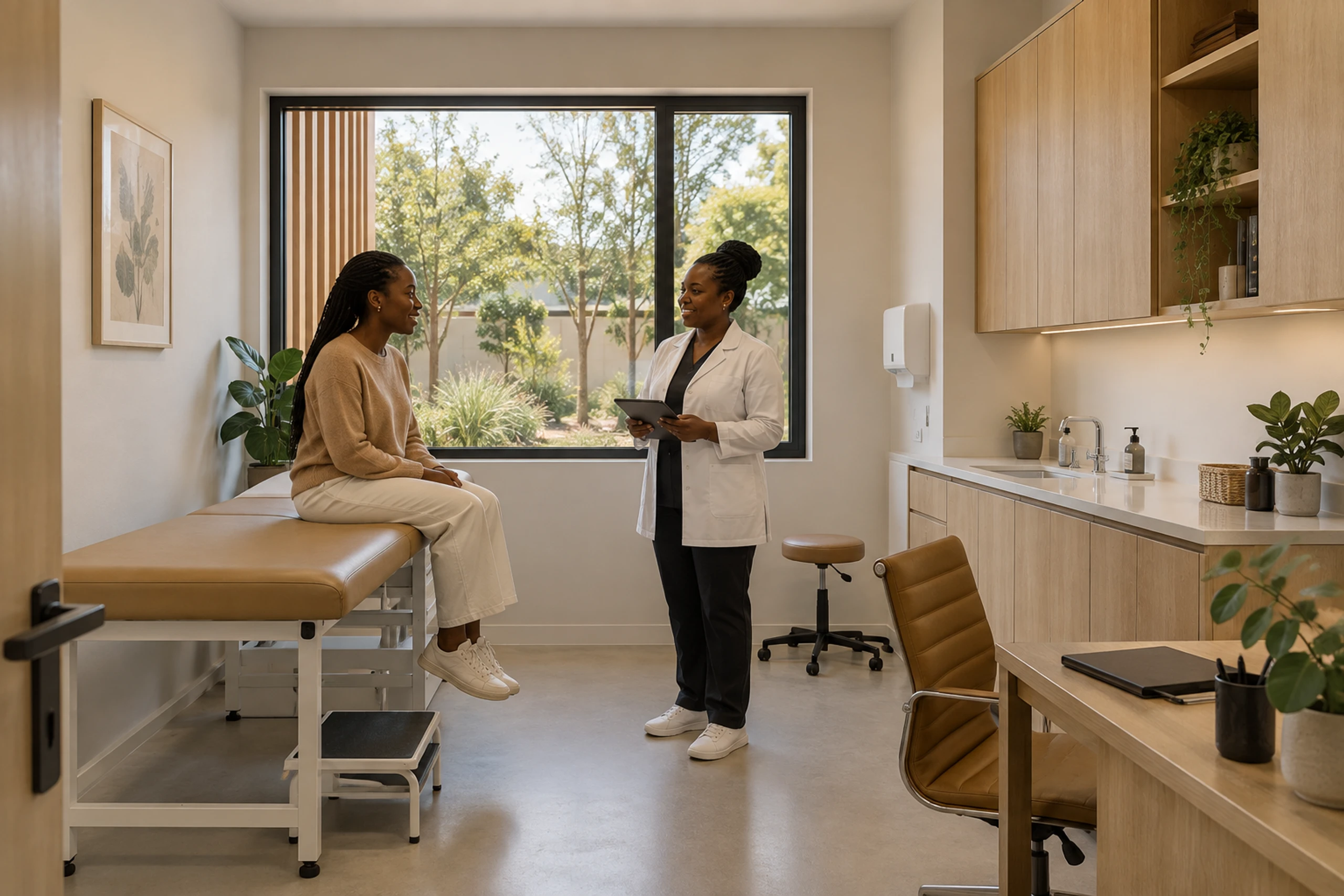 Consulting room with a wall-mounted dispenser beside a clinical hand-wash basin.