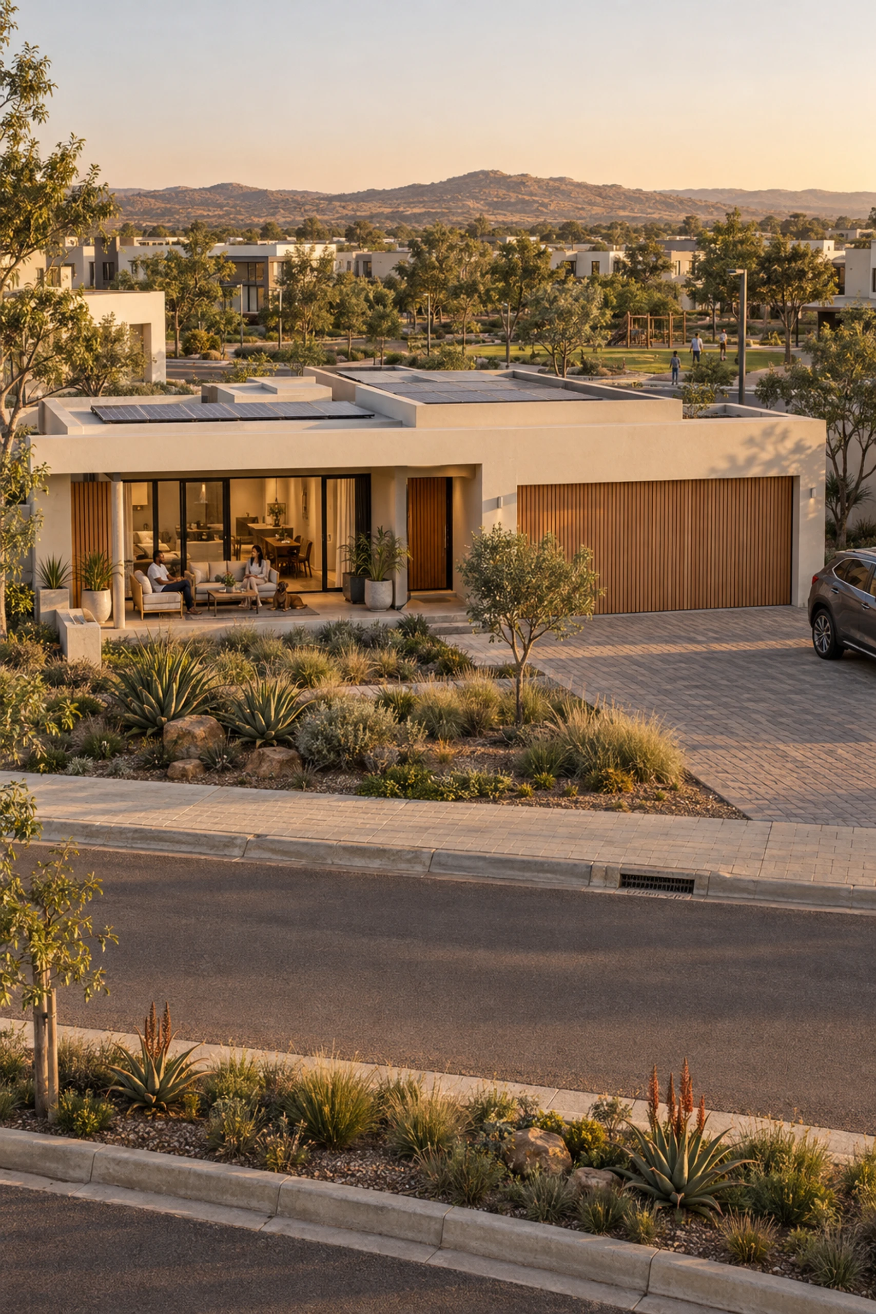 Photoreal visualisation of a single-storey precast estate home.