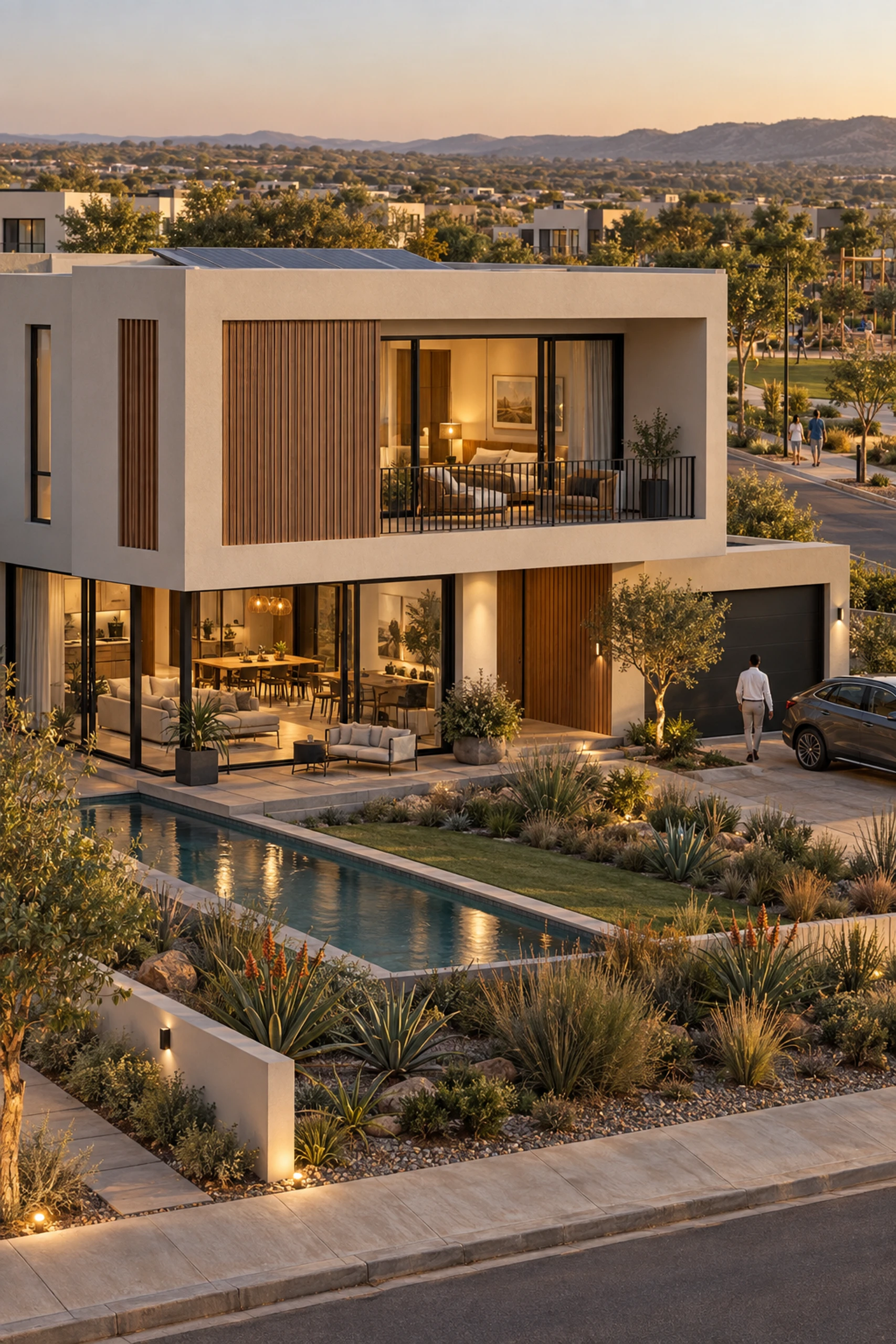 Photoreal visualisation of a two-storey precast luxury home with a pool.