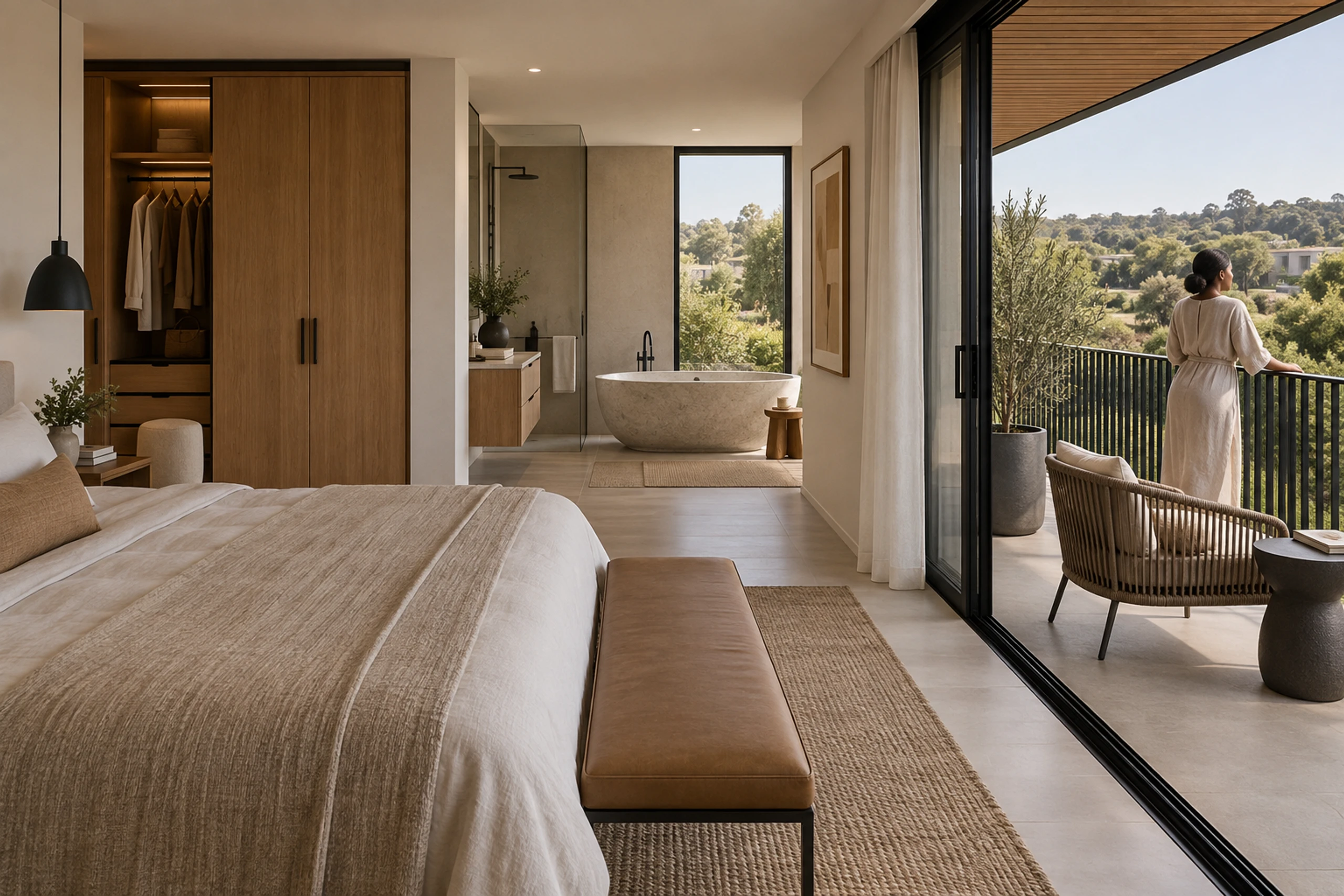 Main suite with a freestanding stone bath, oak dressing joinery and a private balcony.