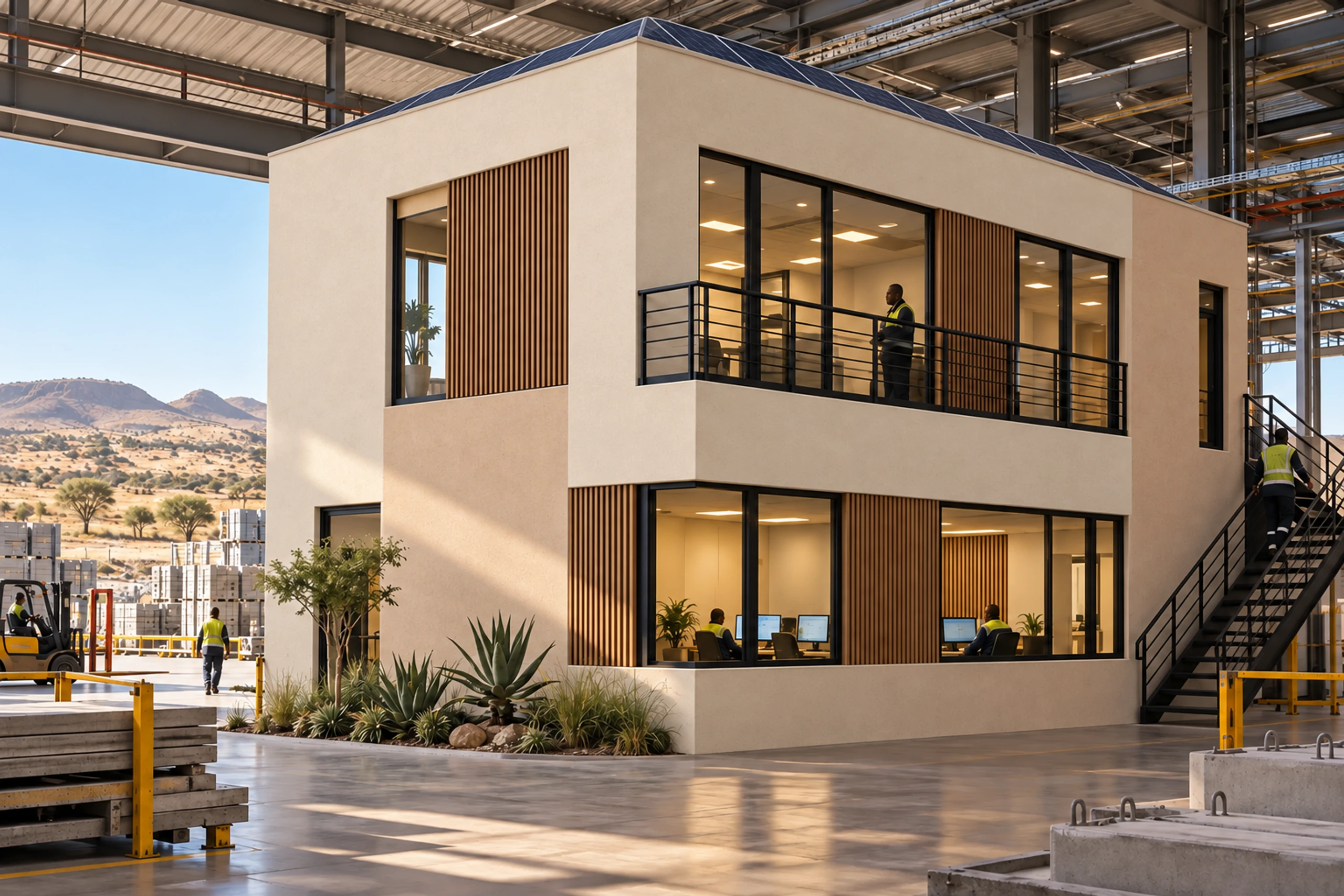 Two-storey precast support block with an external stair, standing inside a steel-framed plant hall.