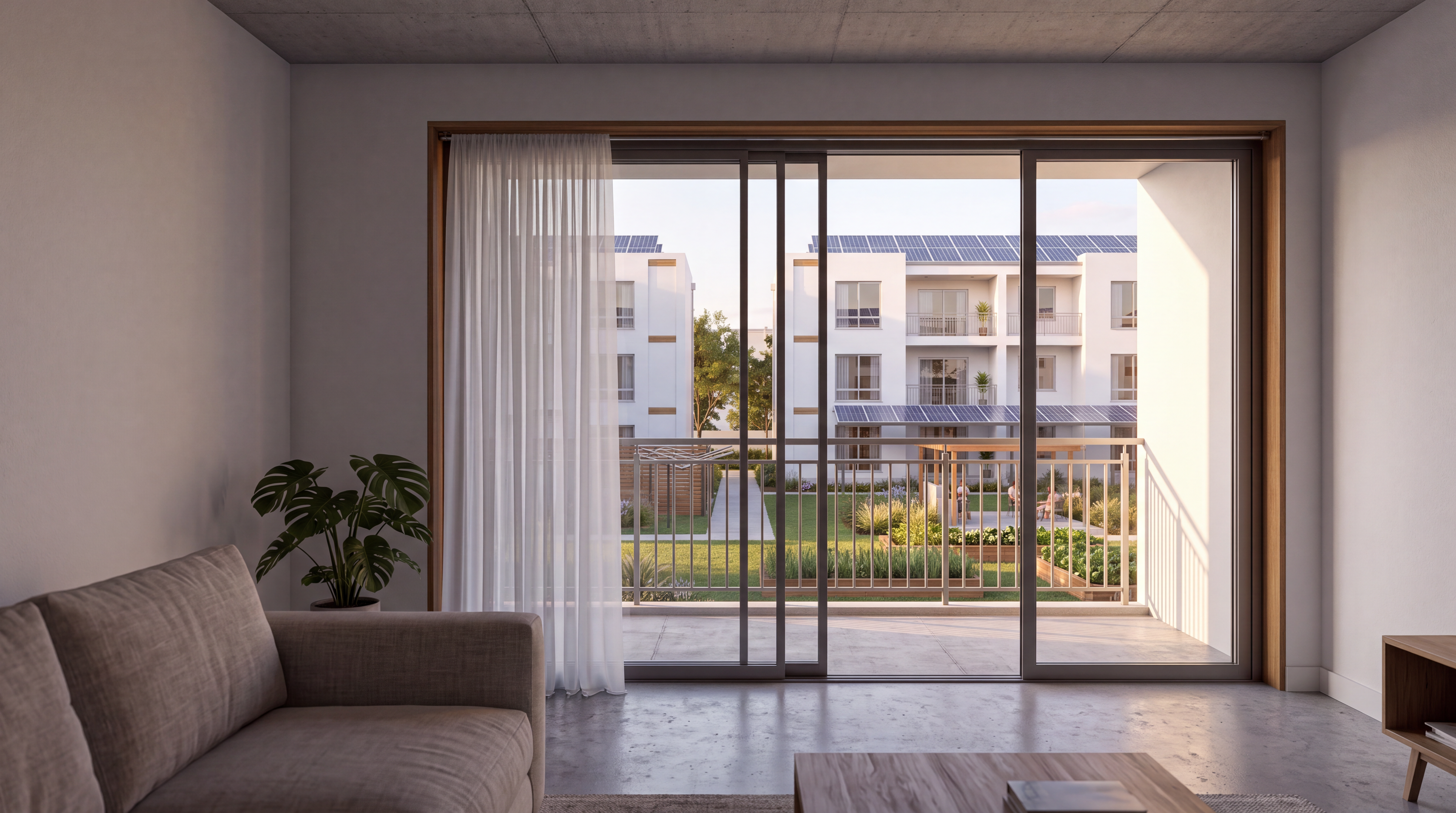 Apartment living room looking through sliding doors to a balcony over a courtyard.