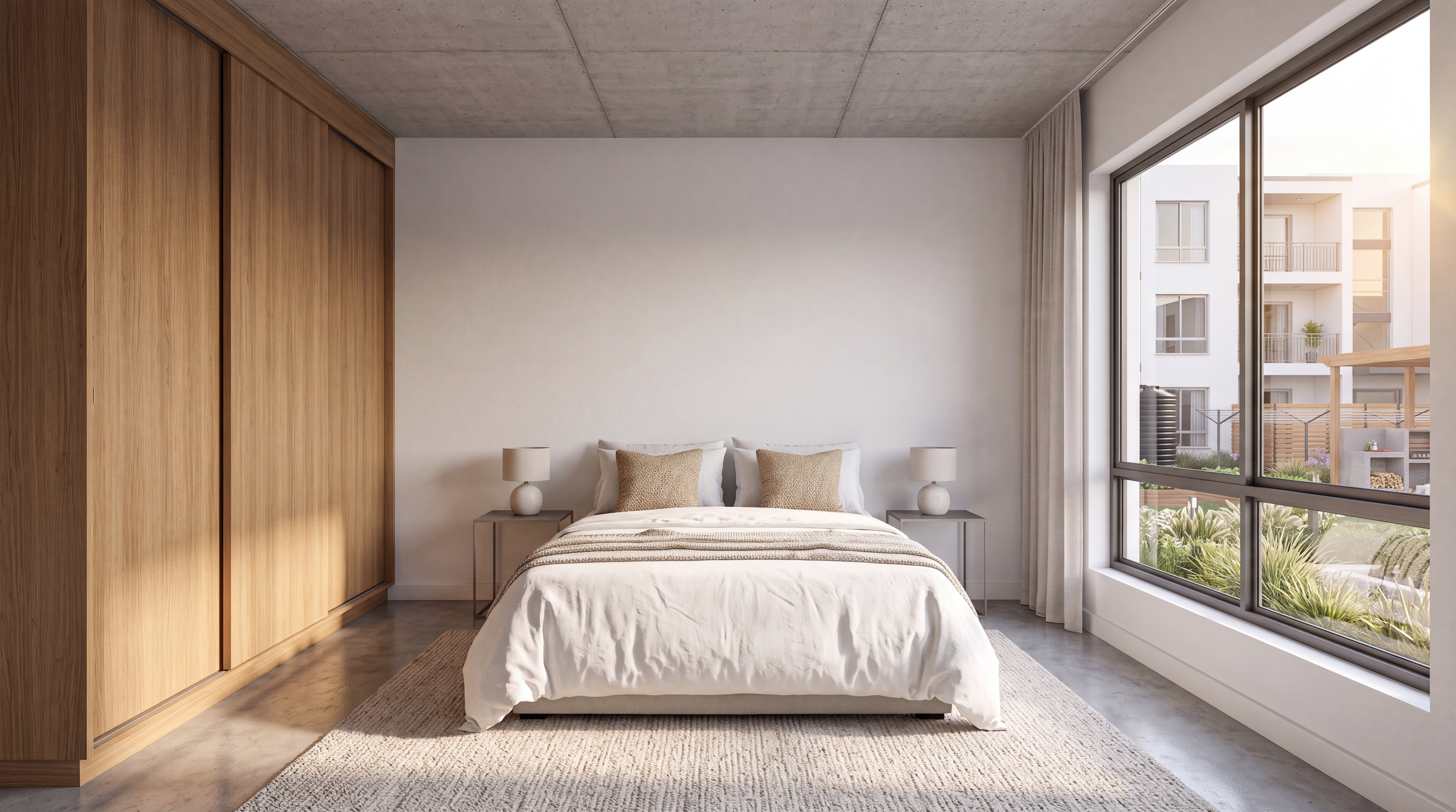 Main bedroom with a timber wardrobe wall and a large window.