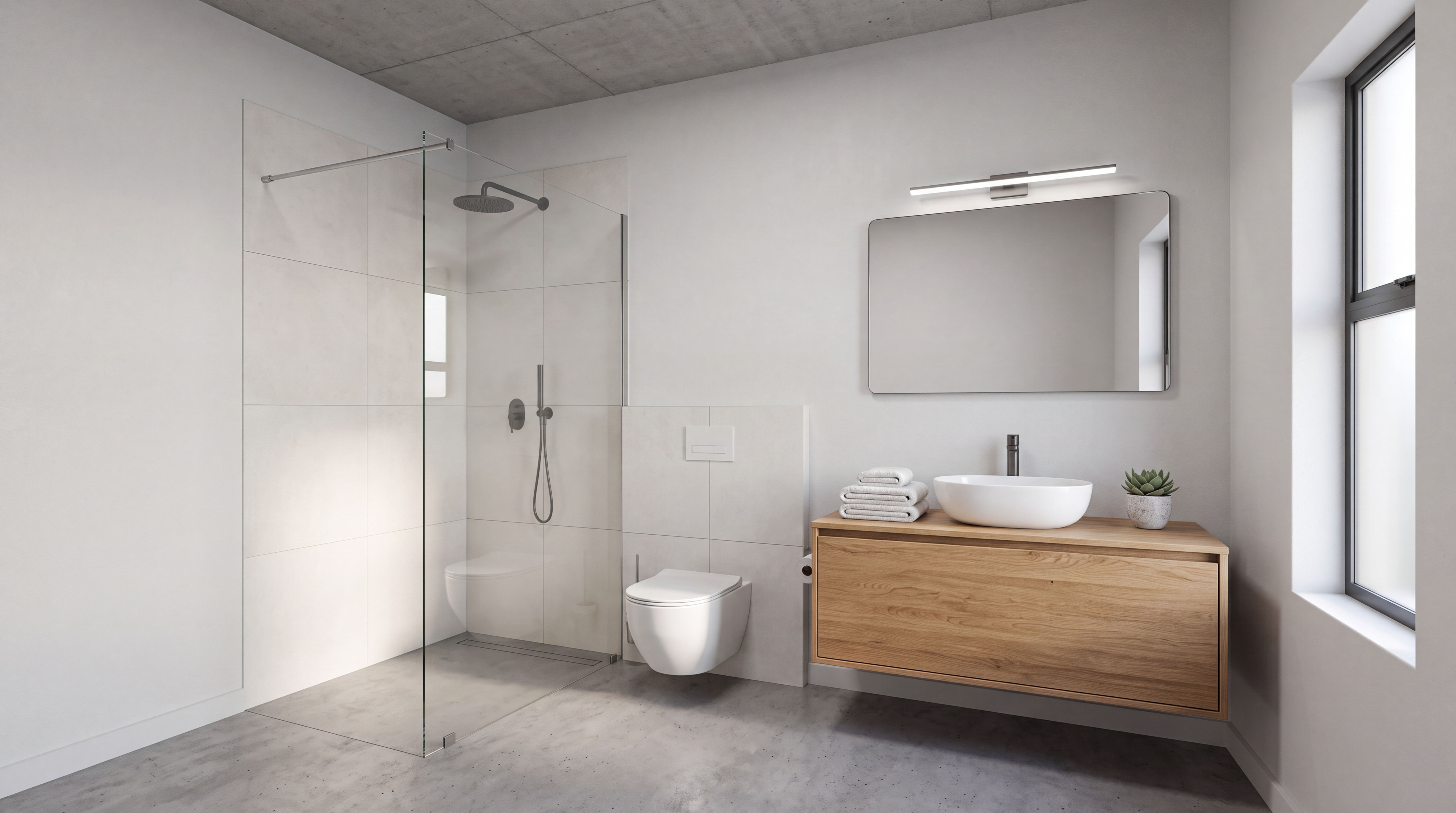 Bathroom with a walk-in shower, wall-hung toilet and timber vanity.