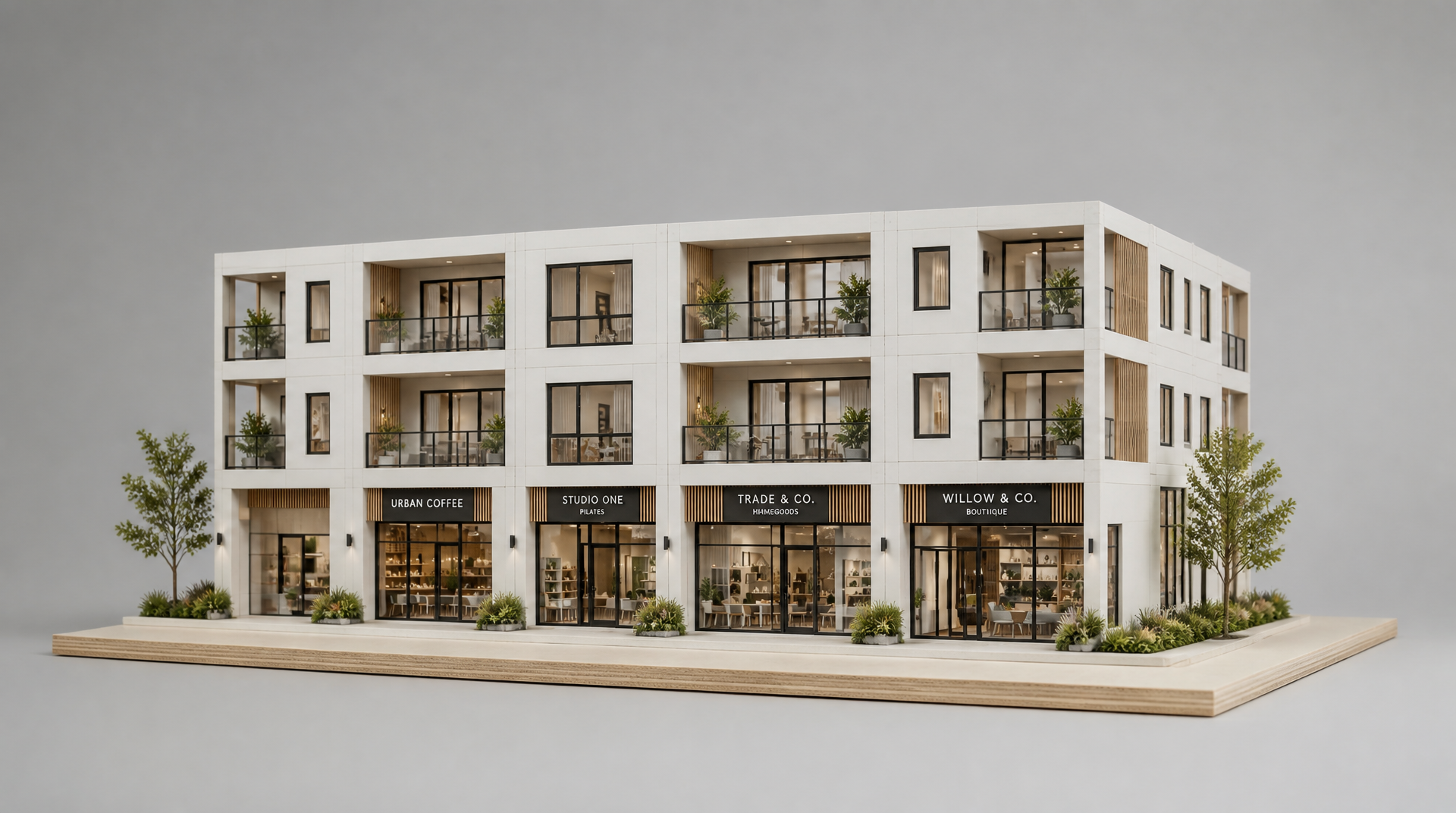 3D architectural scale model — mixed-use module.