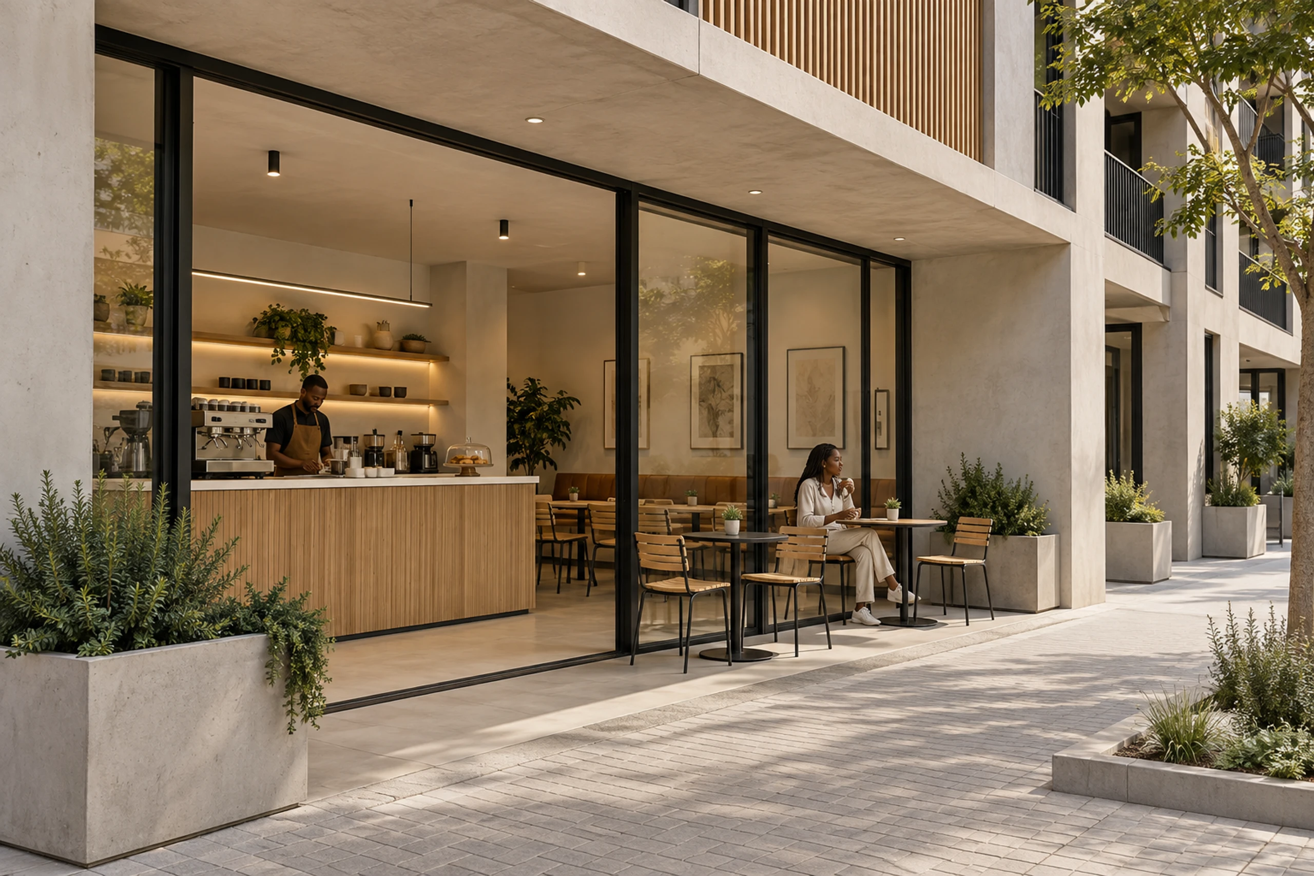 Ground-floor café with glazed frontage.