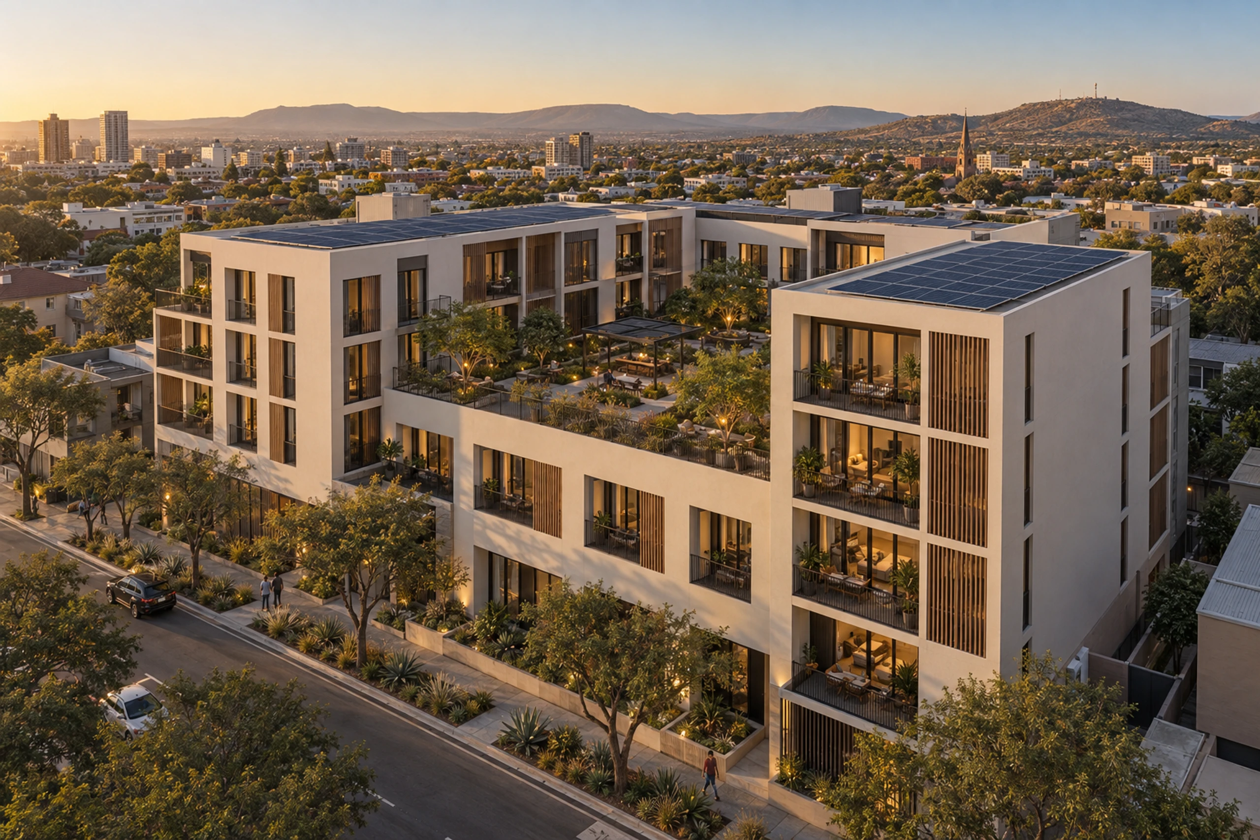 Aerial view of a mixed-use block in an urban setting, with a planted courtyard between residential wings.