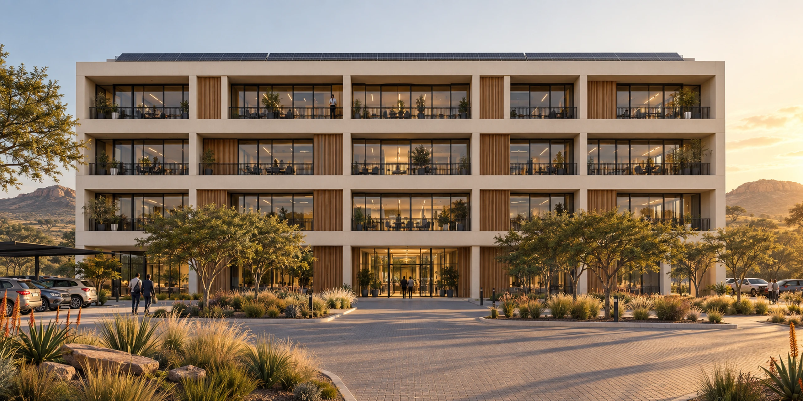 Four-storey precast office block with timber-clad bays and full-height glazing at golden hour.