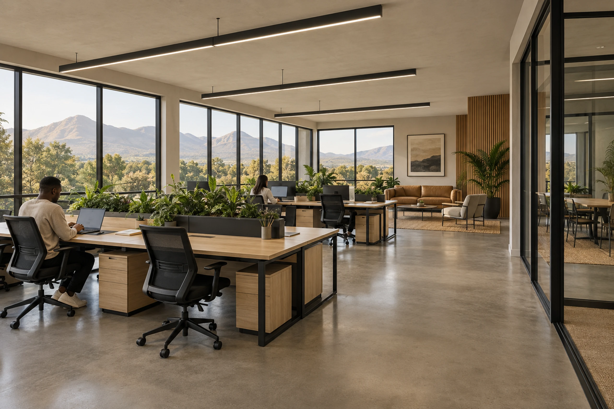 Open-plan office floor with polished concrete and daylight from full-height glazing.