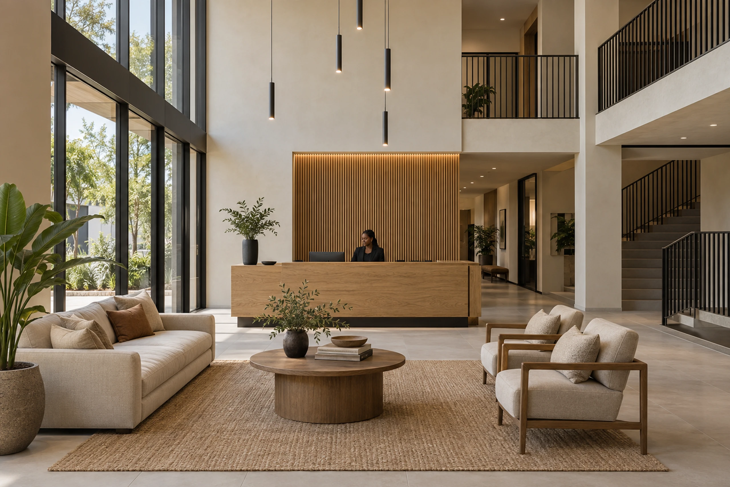 Double-height entrance lobby with a timber reception desk and a stair to the gallery.