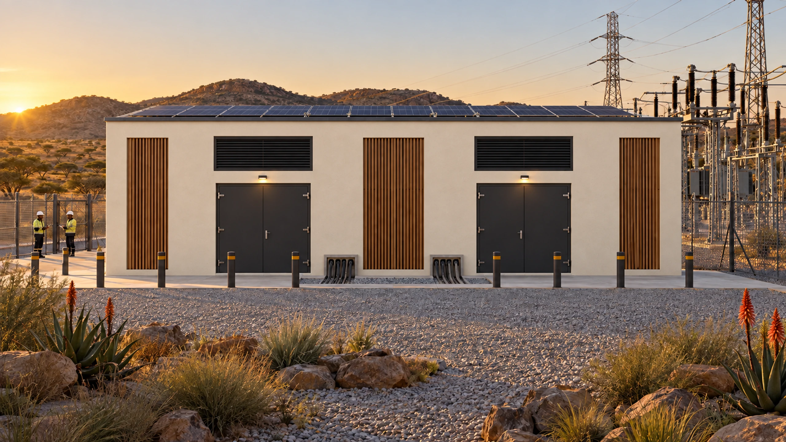 Single-storey precast substation enclosure with twin steel doors and ventilation louvres beside an outdoor switchyard at golden hour.
