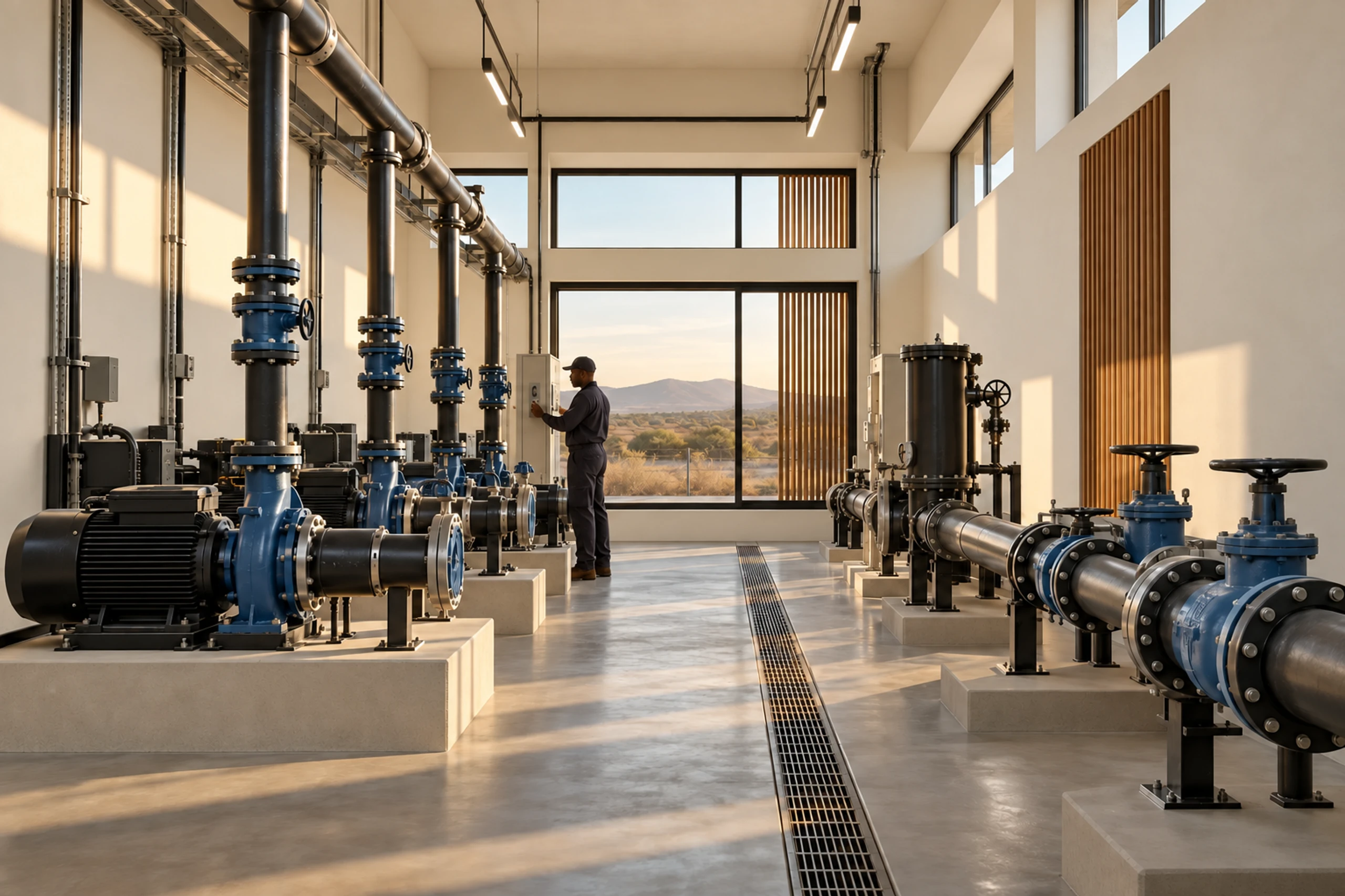 Pump house with pumps on cast plinths.