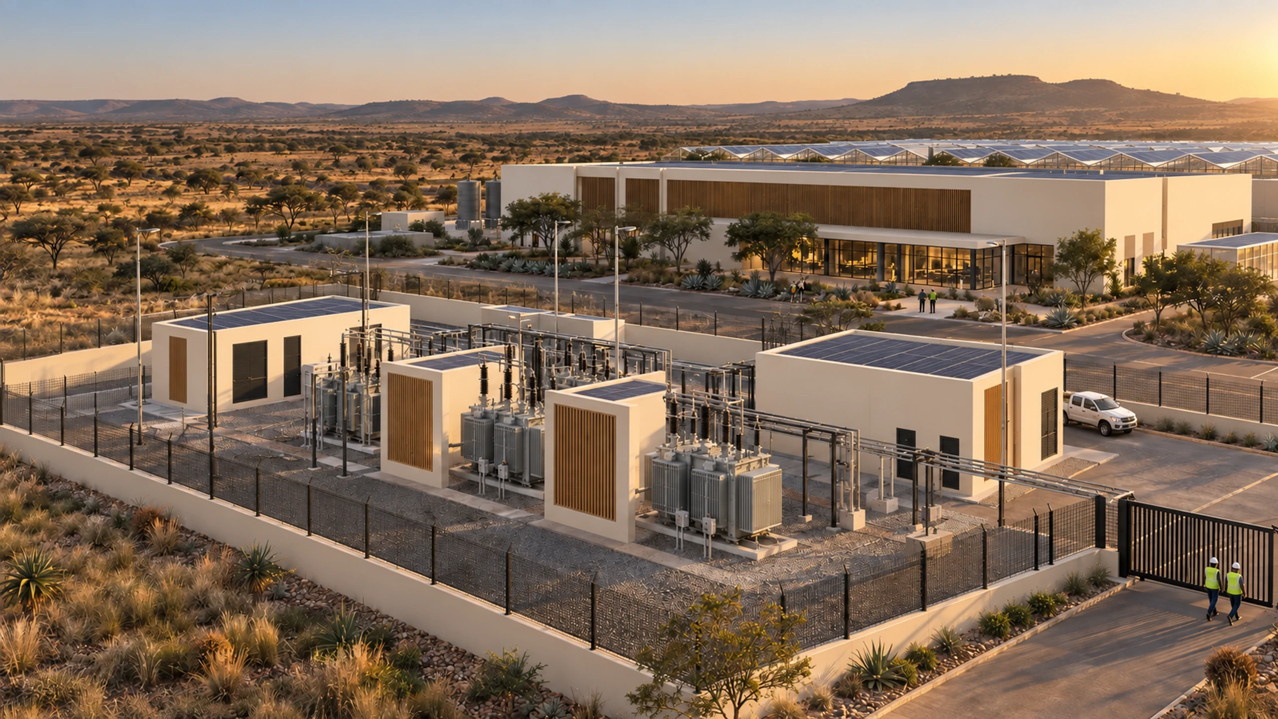 Aerial view of a fenced substation compound with several precast enclosures between transformers and switchgear.
