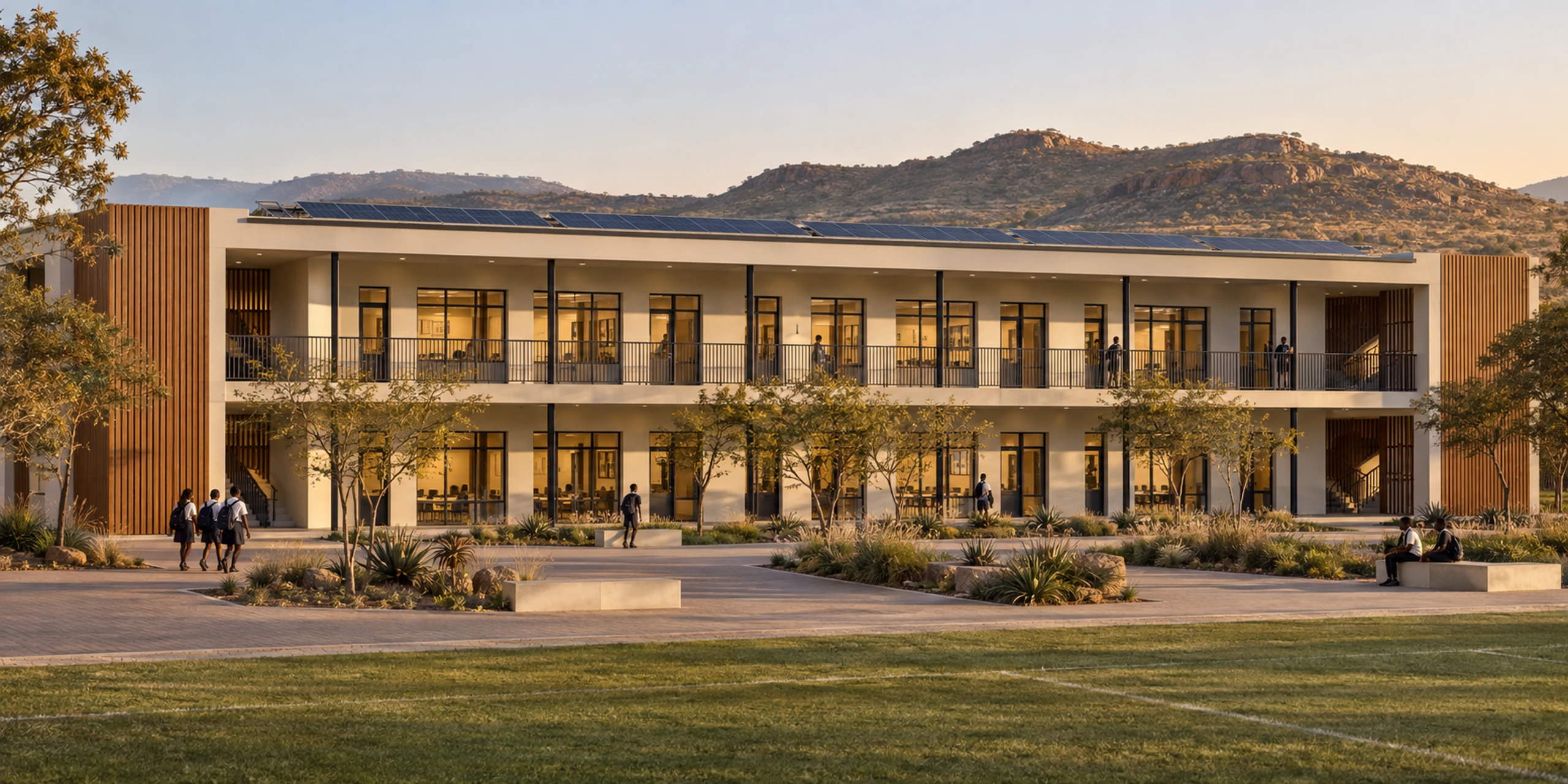 Double-storey precast classroom block with covered walkways at golden hour.