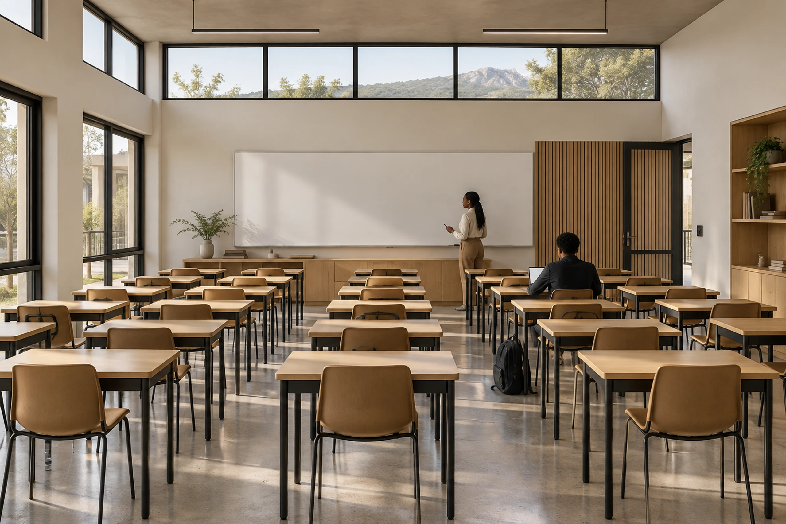 Classroom with clerestory daylight and an exposed concrete soffit.