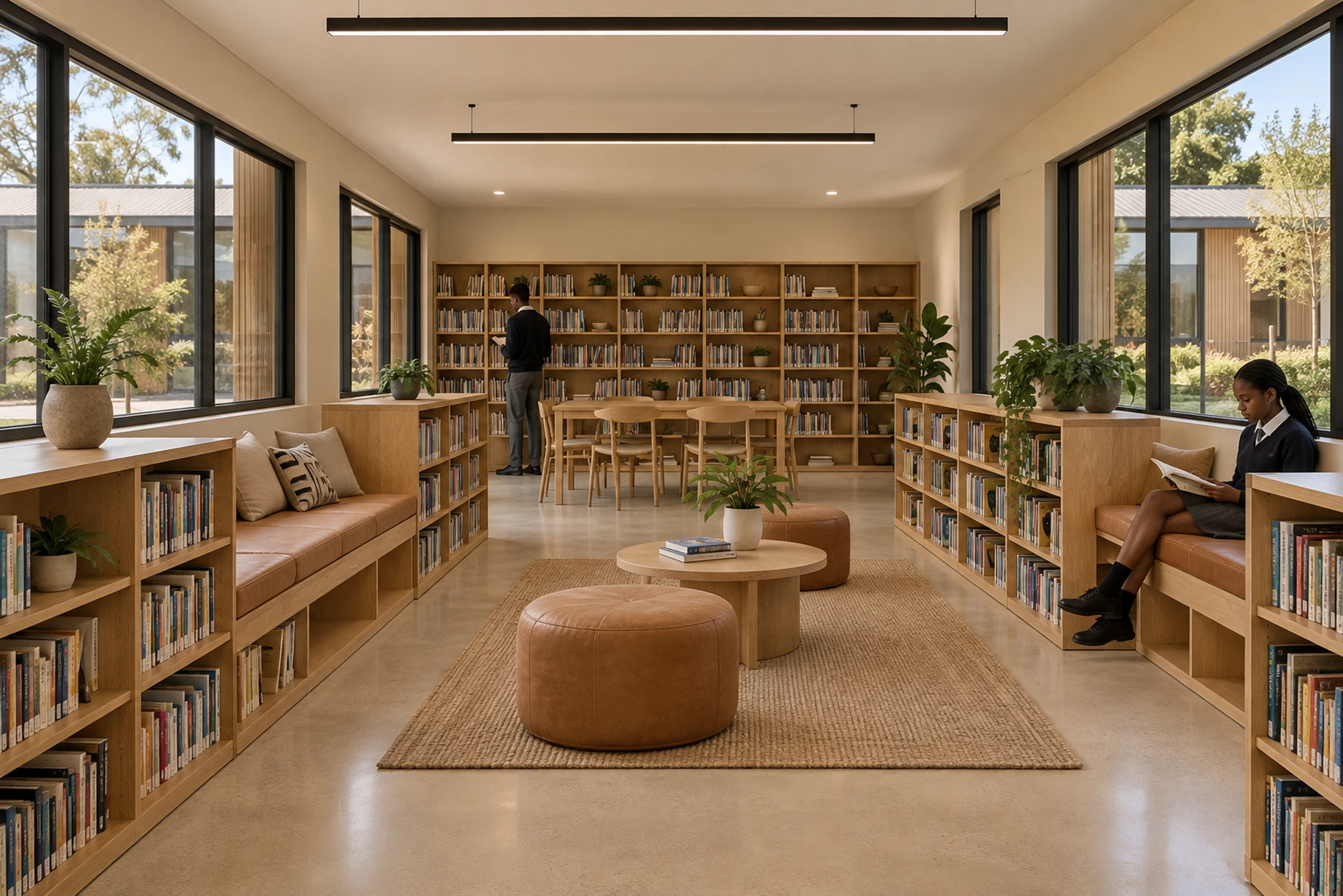 Library with low oak shelving and reading benches.
