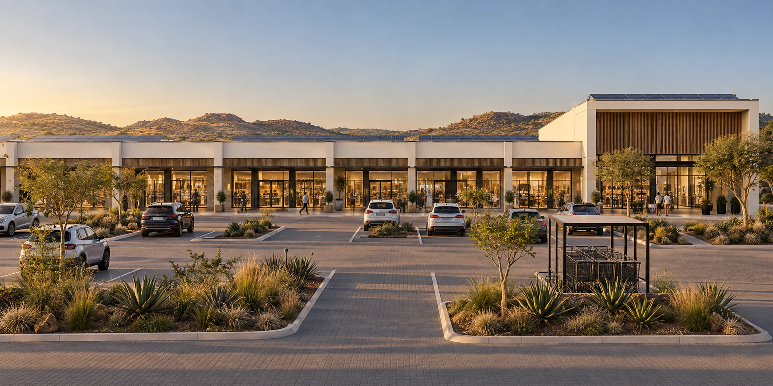Single-storey precast line shops behind landscaped parking, with a taller end unit, at golden hour.
