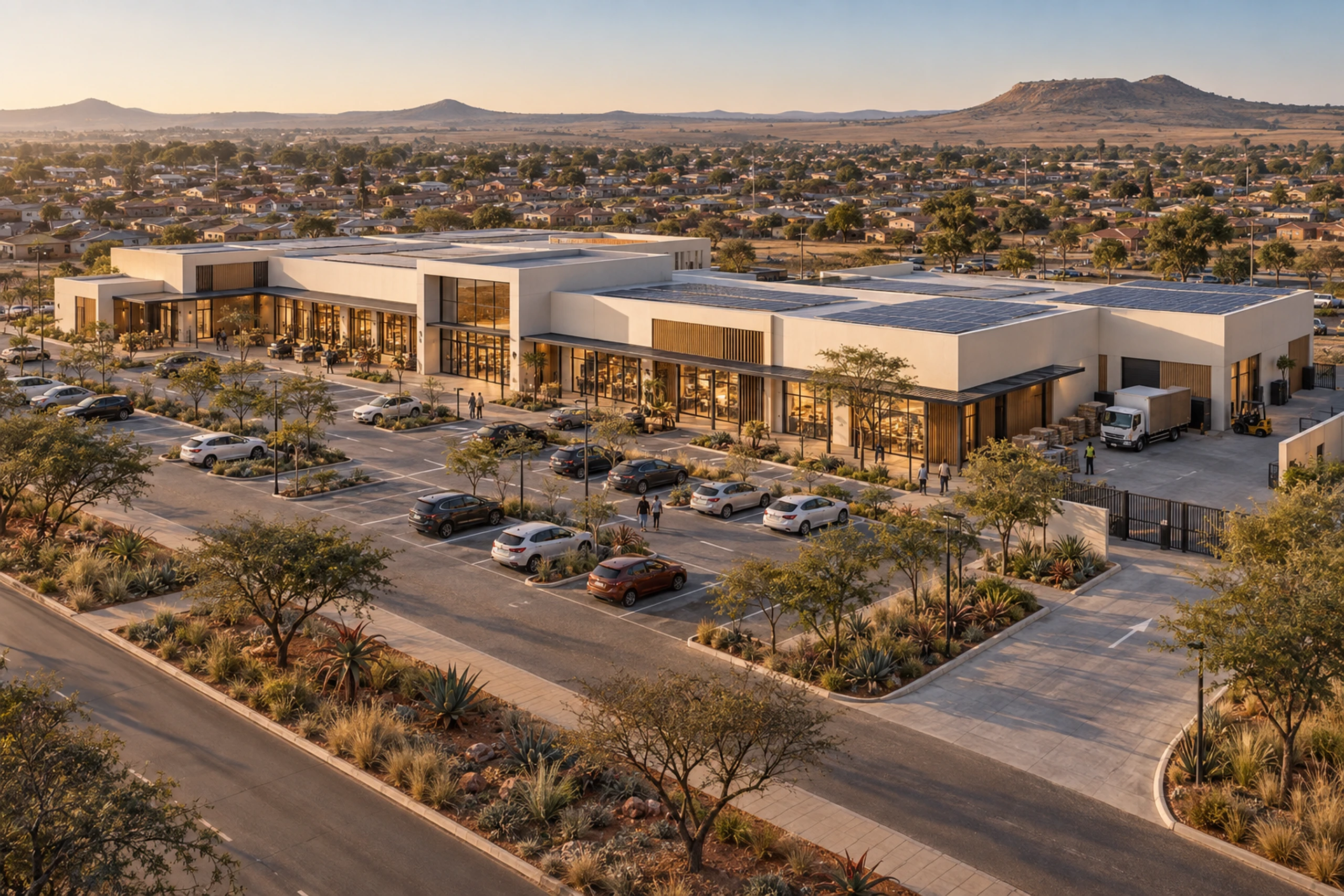 Aerial view of a neighbourhood retail centre with parking in front and a loading yard to the side.
