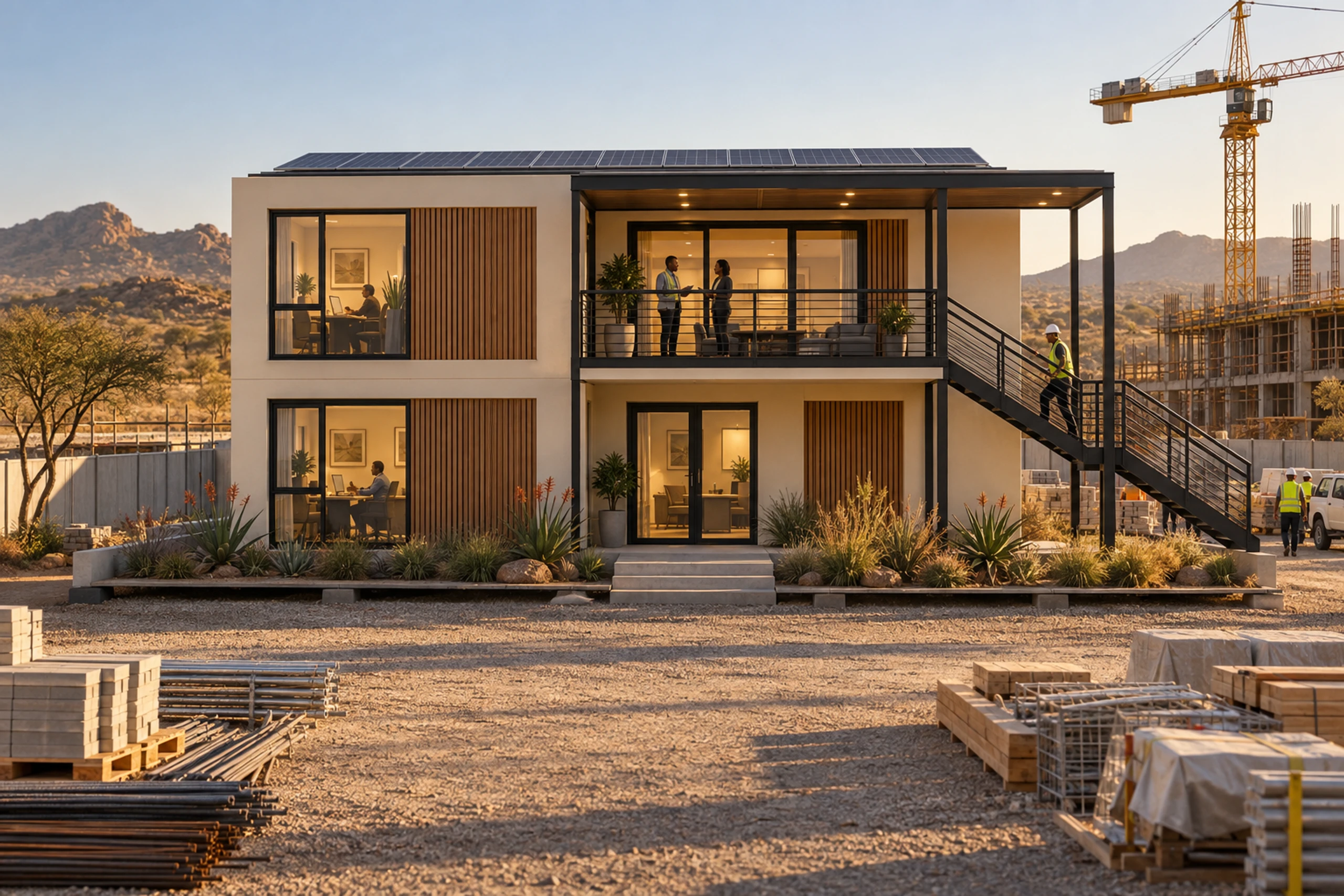 Two-module precast site office with an external stair and covered deck at golden hour.