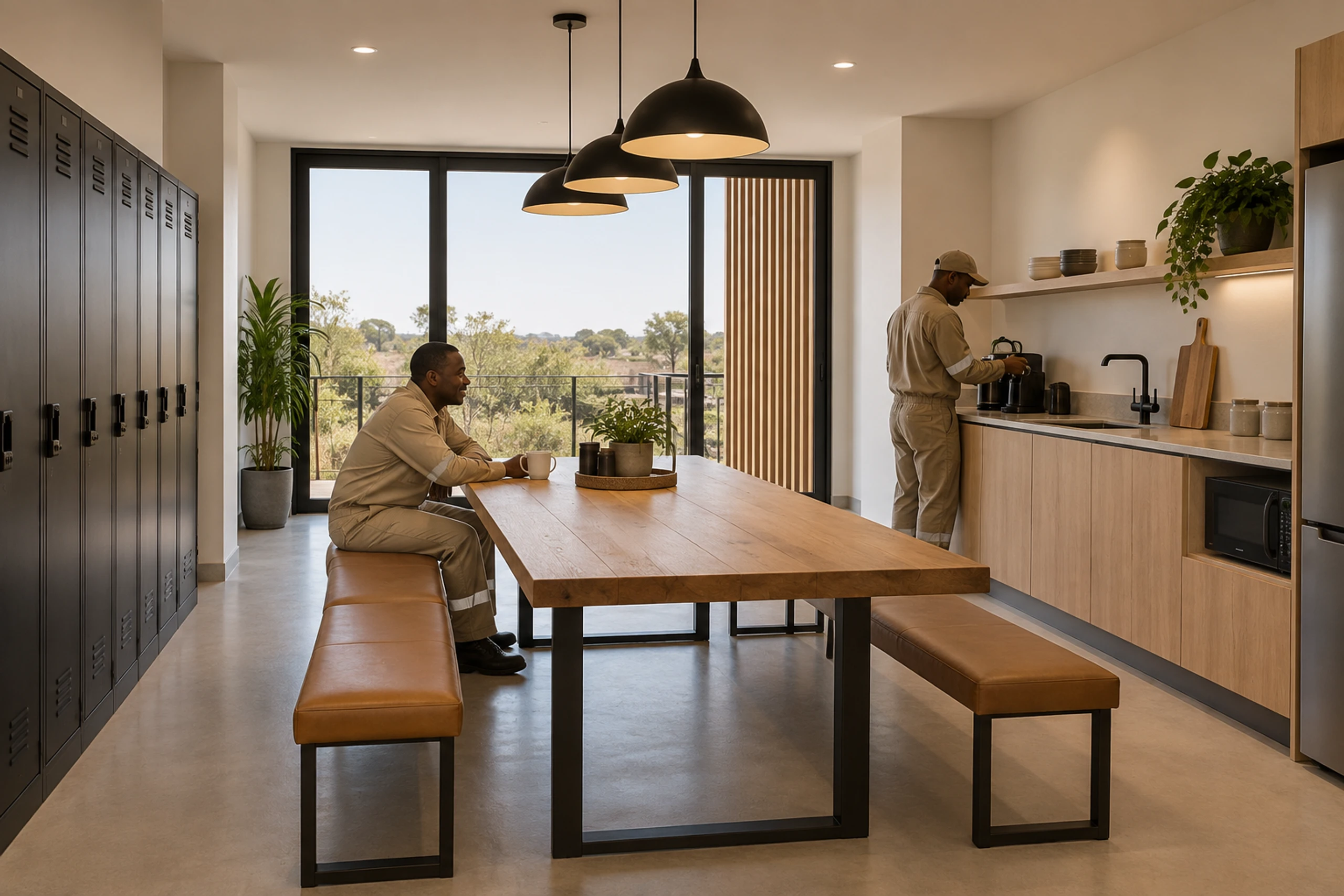 Crew crib room with lockers and kitchenette.