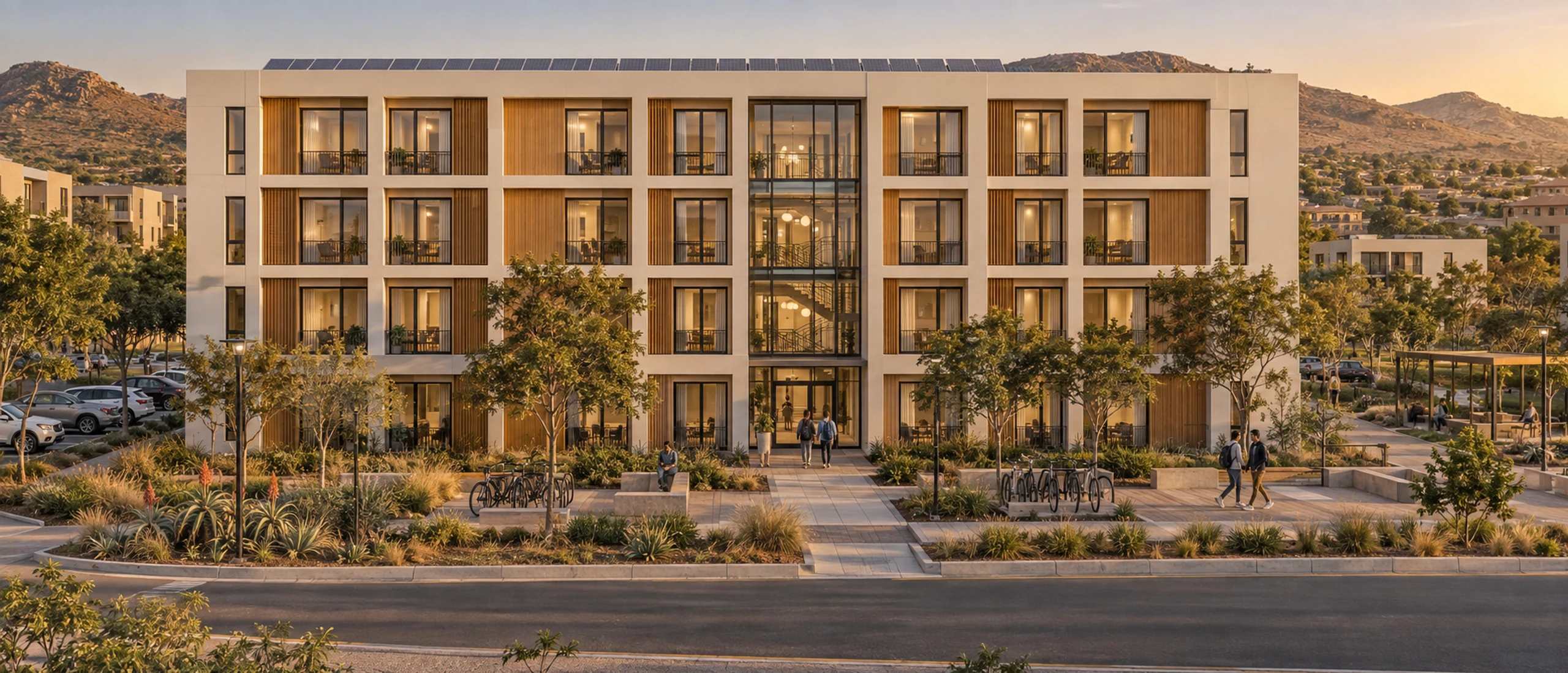 Four-storey precast student residence with a glazed central stair and landscaped forecourt at golden hour.