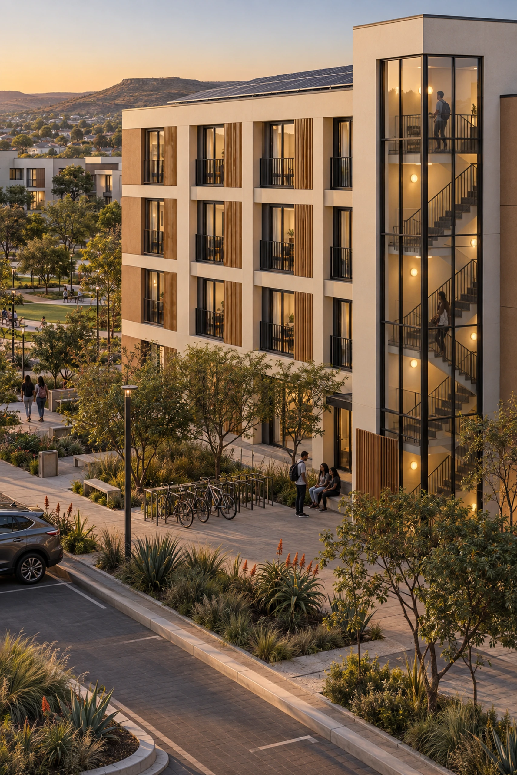 Photoreal visualisation of a four-storey precast student residence with a glazed stair core.