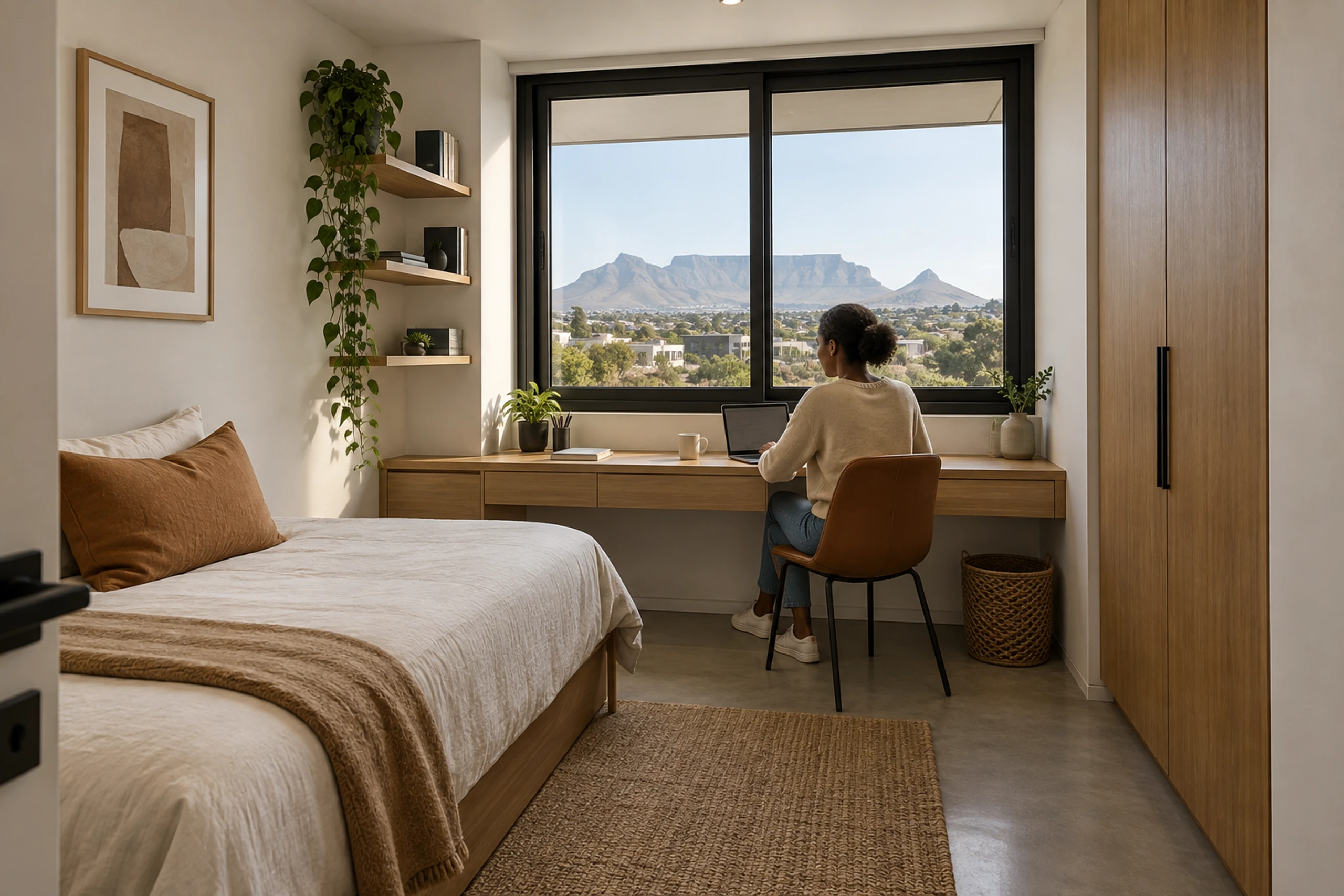 Student at a desk under a wide window in an en-suite room.