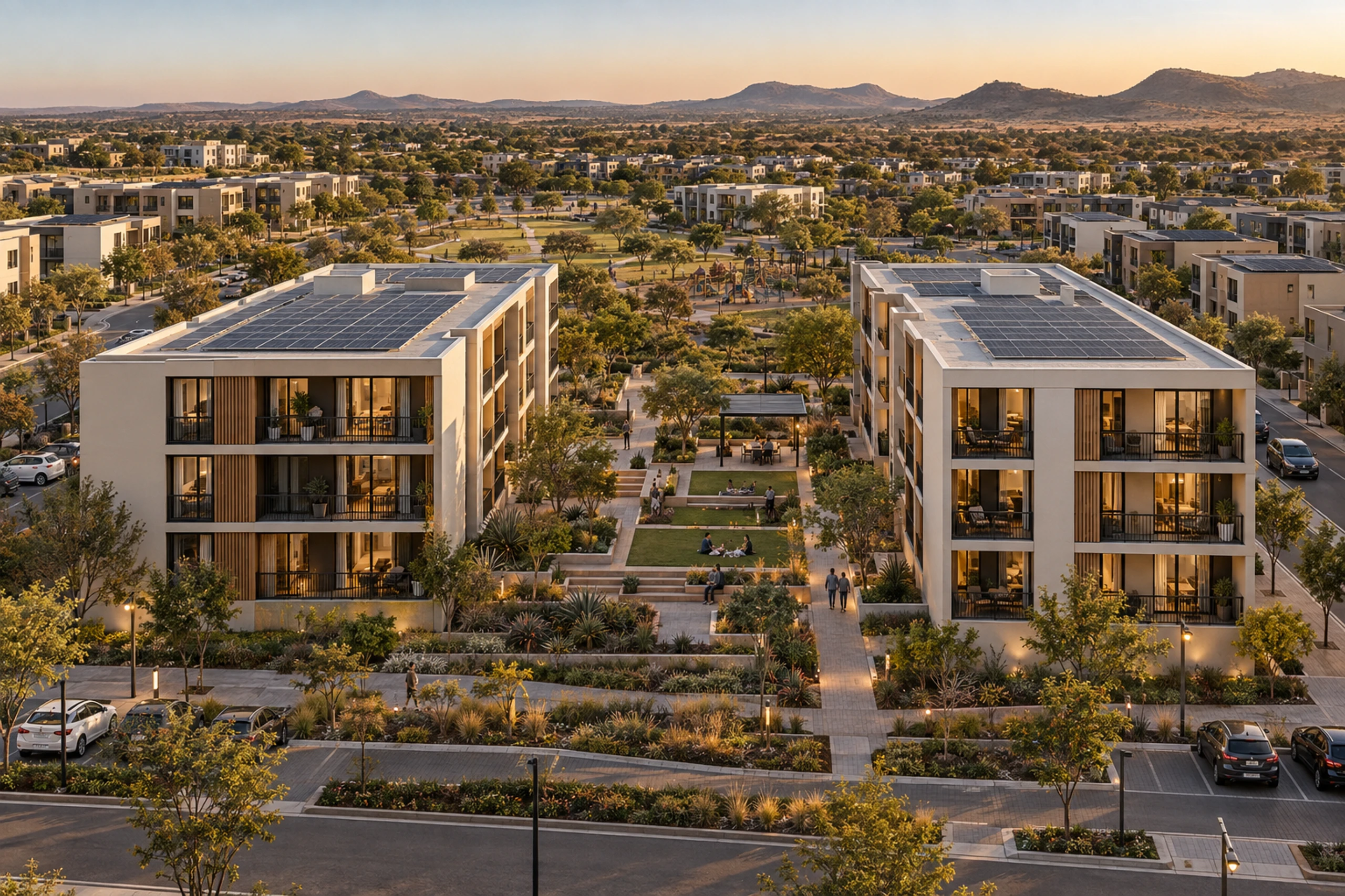 Aerial view of two four-storey residence blocks with rooftop solar panels either side of a landscaped courtyard.