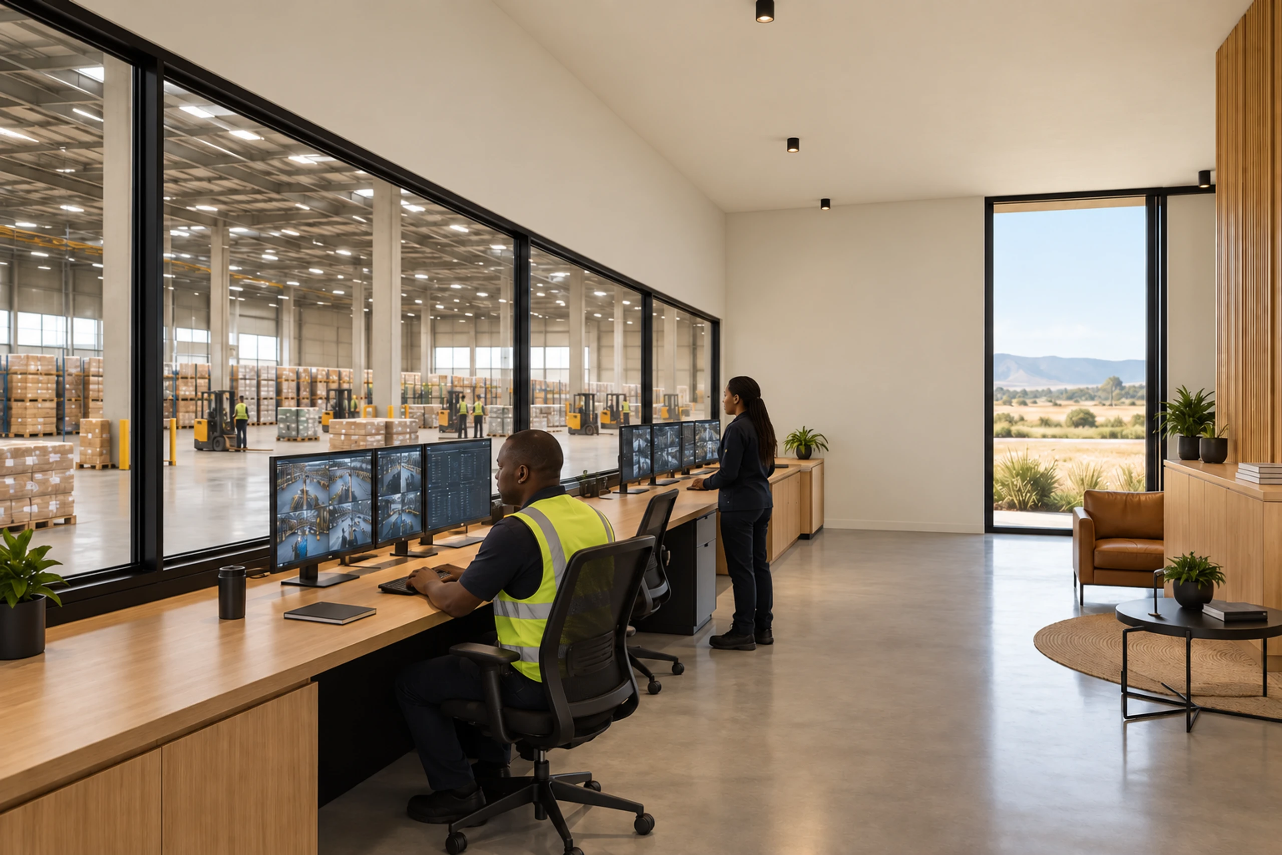 Control room overlooking the warehouse floor.