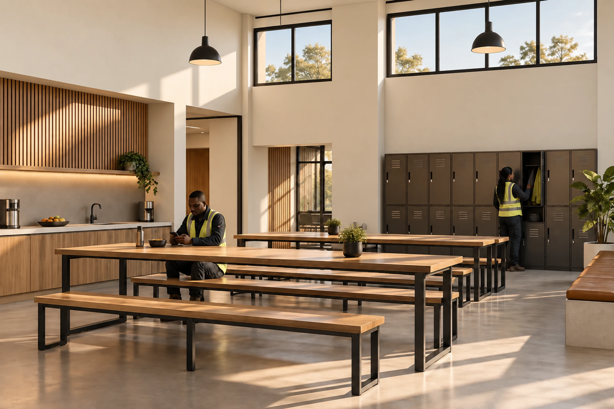 Staff canteen with lockers and kitchenette.