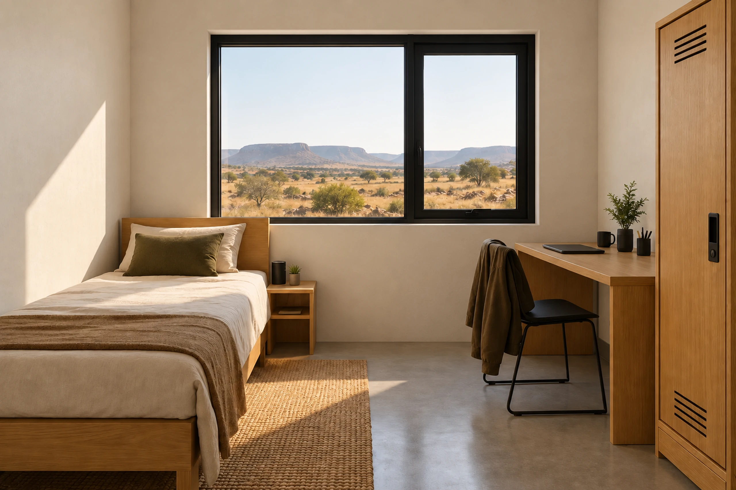 Private sleeping room with bed, desk and wardrobe.