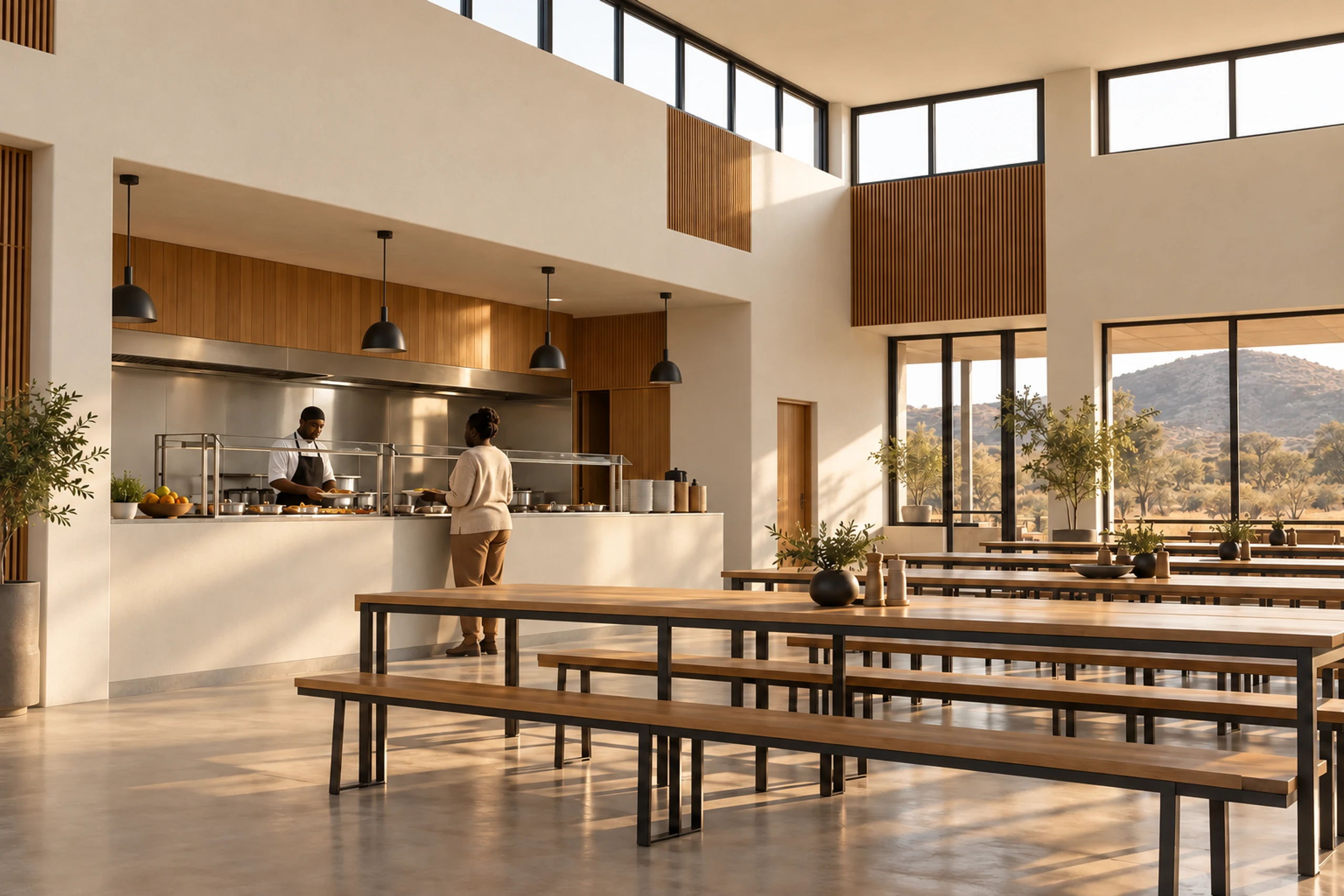 Dining hall with servery and long tables.
