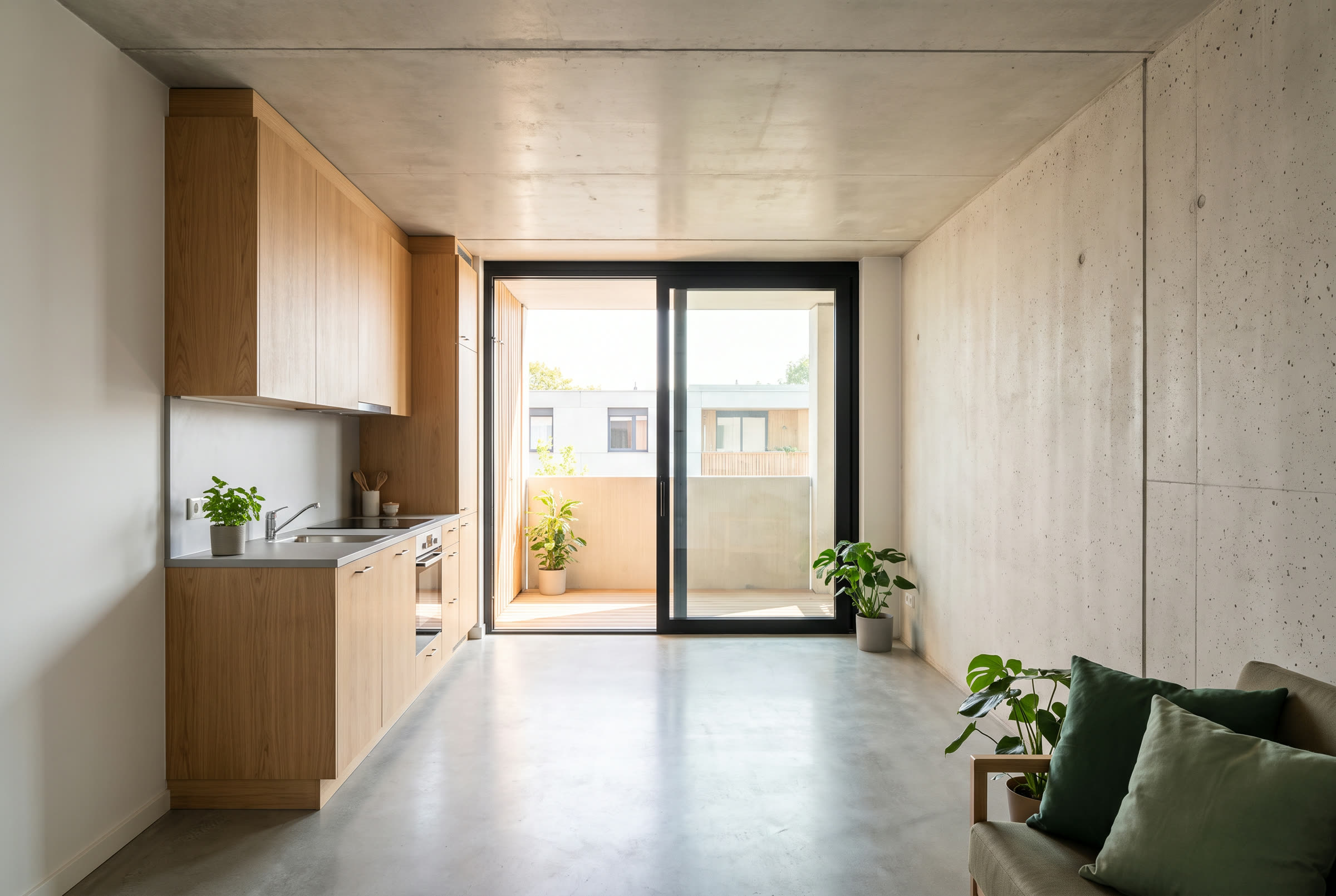 Interior of a completed volumetric concrete room module.