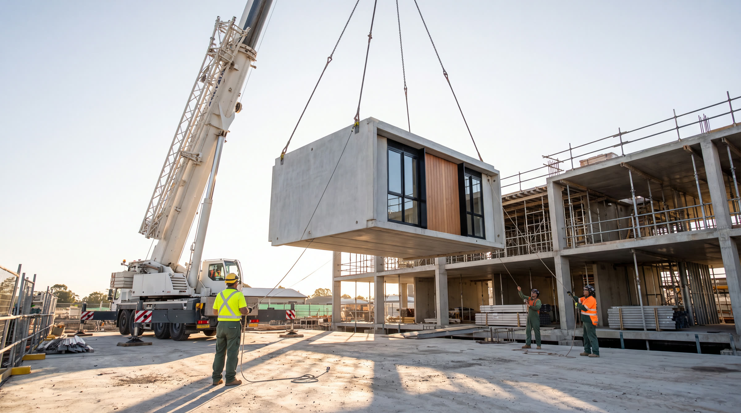 Crane lifting a volumetric concrete module using a rectangular spreader frame.