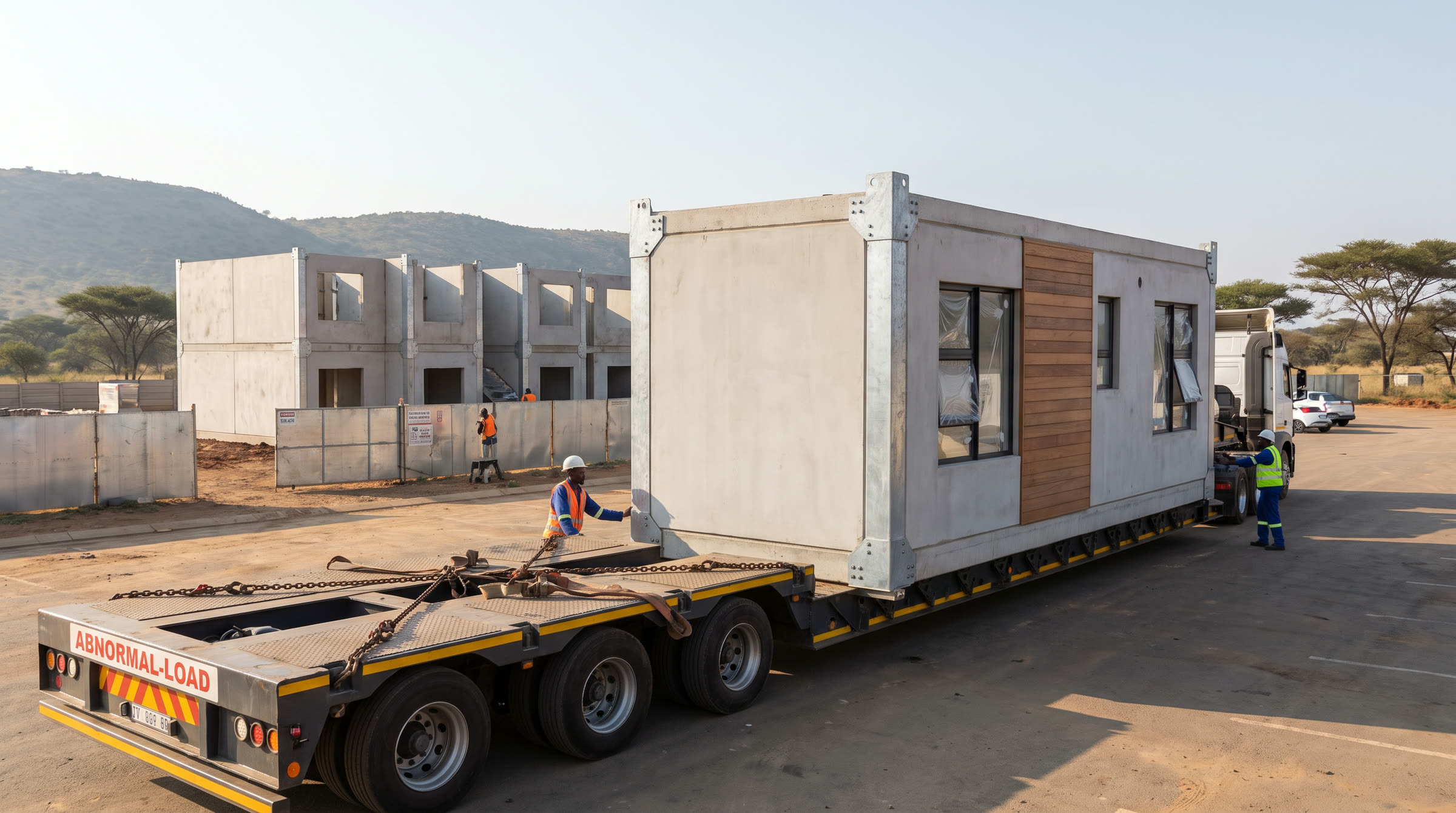 A volumetric concrete module secured to a low-bed trailer for transport to site.
