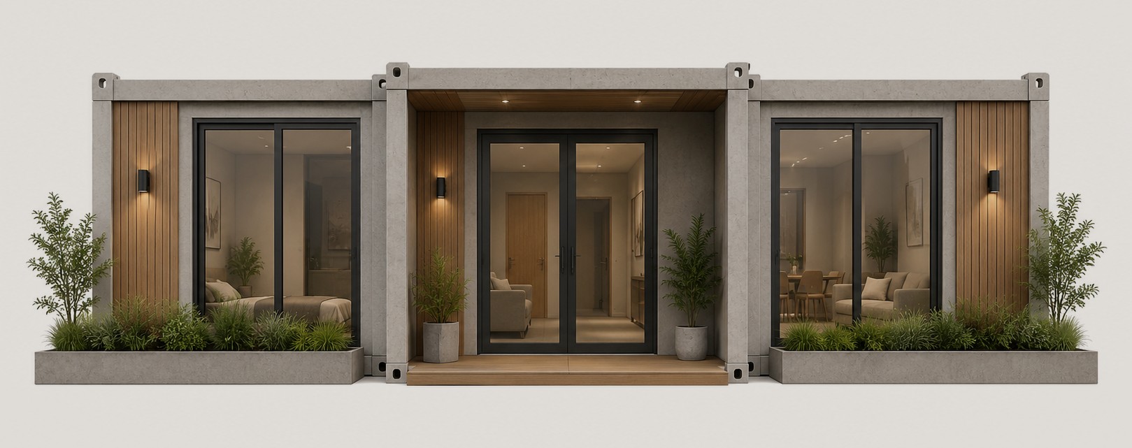 The same three-module frontage completed, with timber cladding, glazing, lighting and planting.