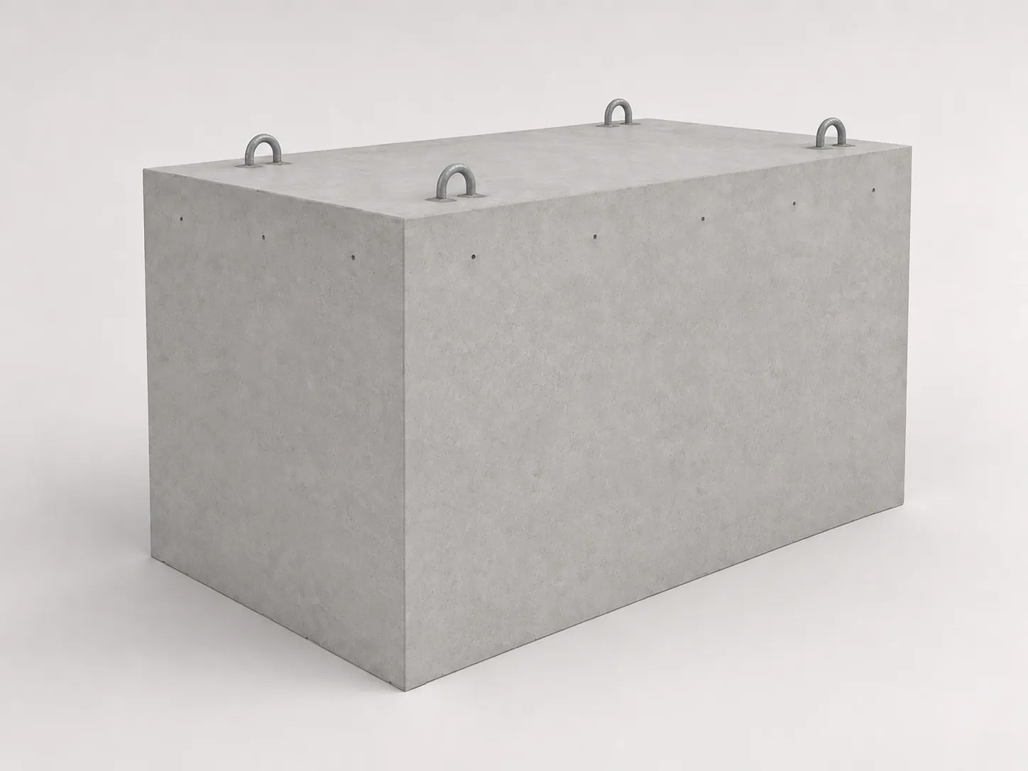 Driekwartaansig van 'n gegote Kernmodule — 'n enkele geslote betonvolume met vier hysoë in die dak gegiet.
