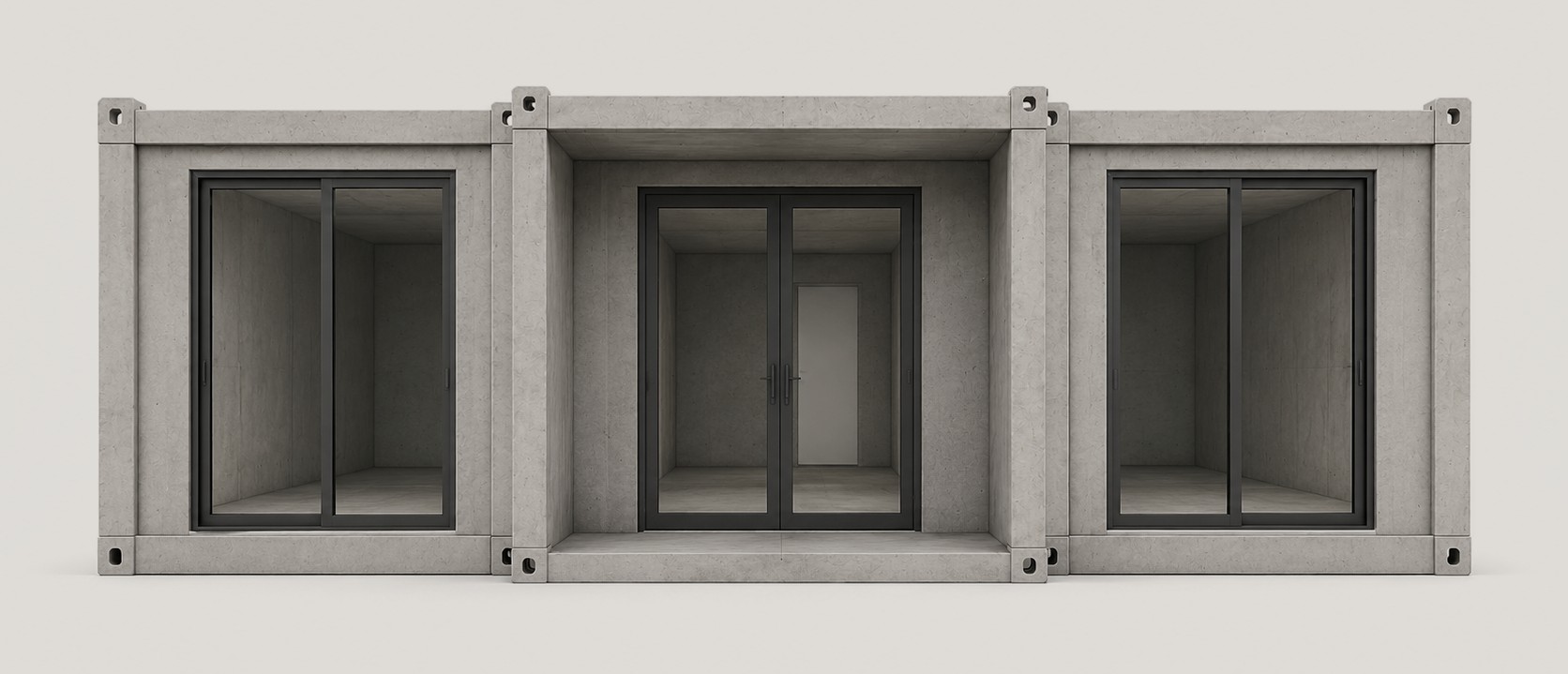 Front elevation of three Core modules combined, shown as raw concrete with glazing set into the cast openings.
