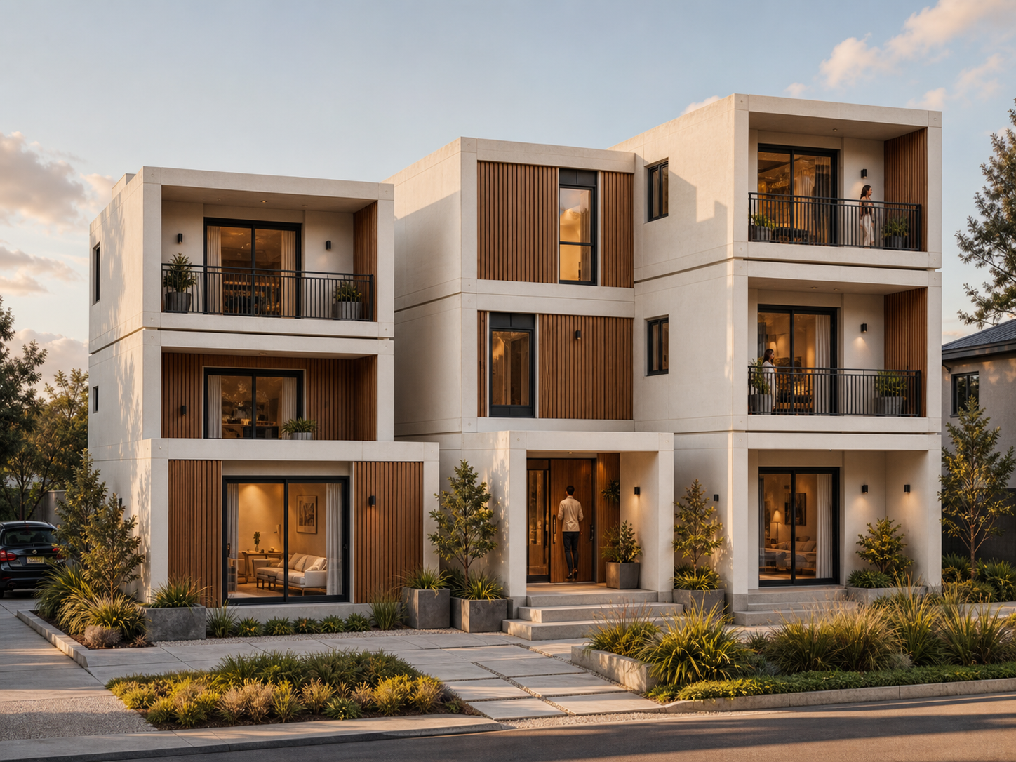 Photoreal visualisation of a three-storey walk-up apartment building.