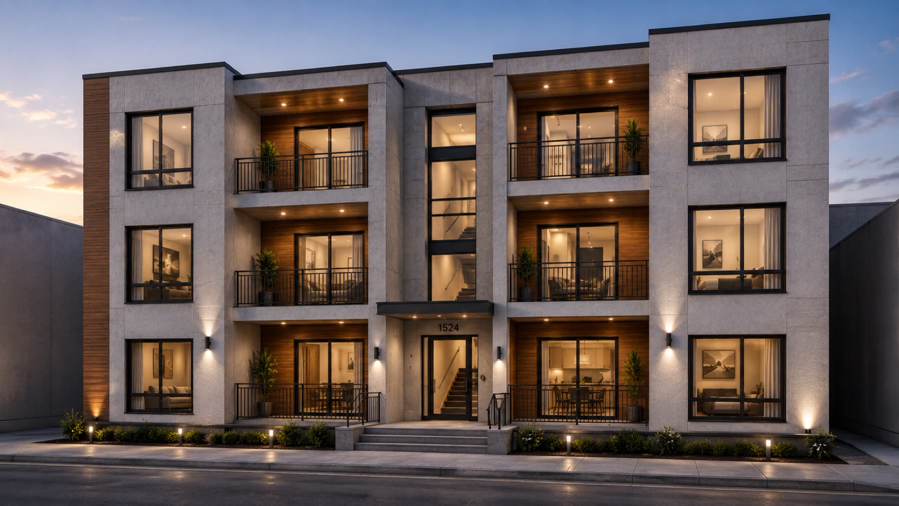 Completed multi-storey residential scheme at dusk.