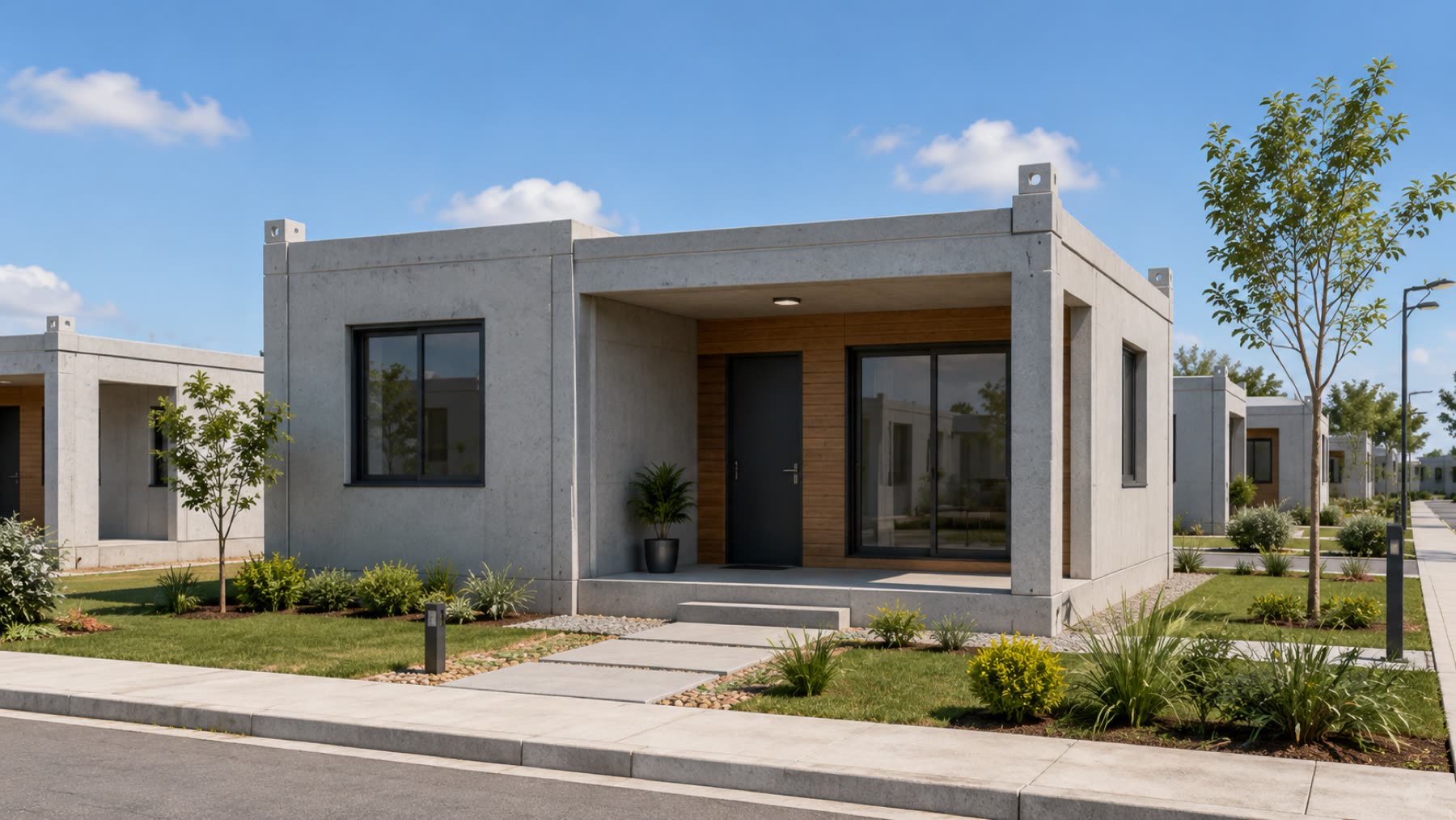 Row of completed single-storey precast houses within a serviced residential settlement.